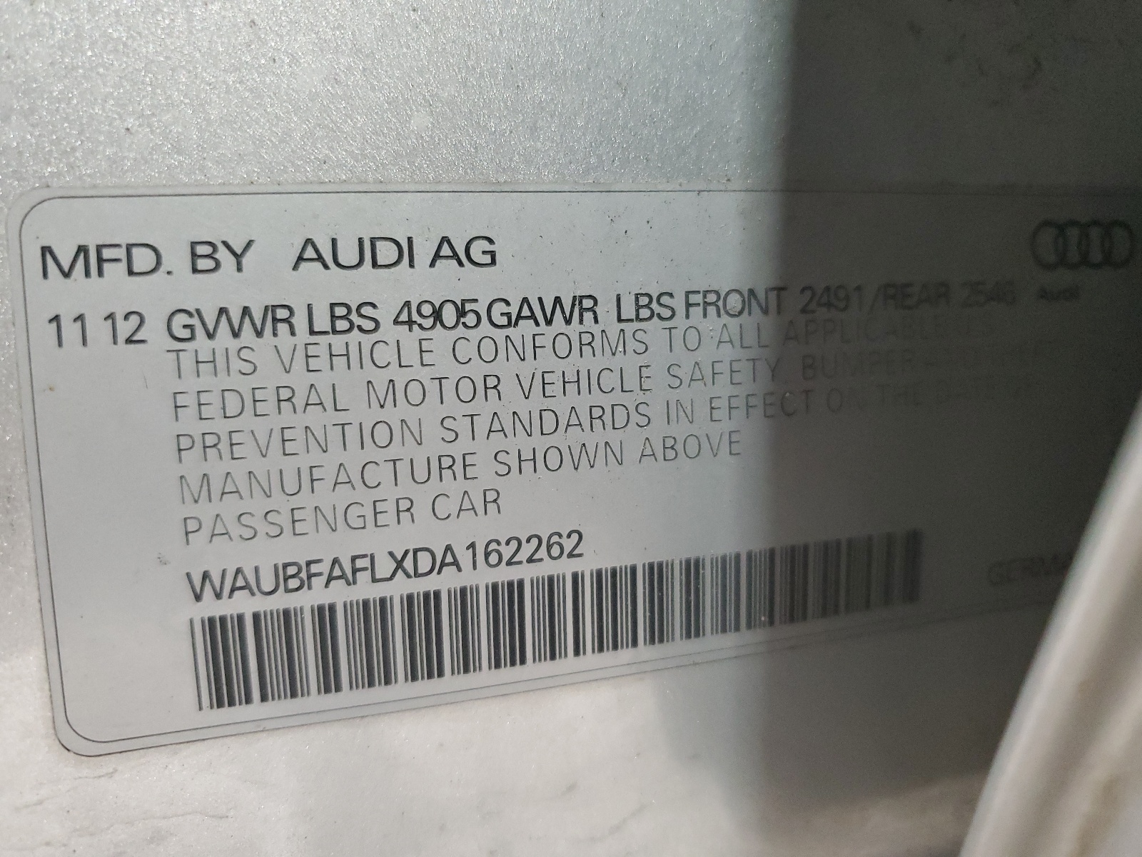 WAUBFAFLXDA162262 2013 Audi A4 Premium