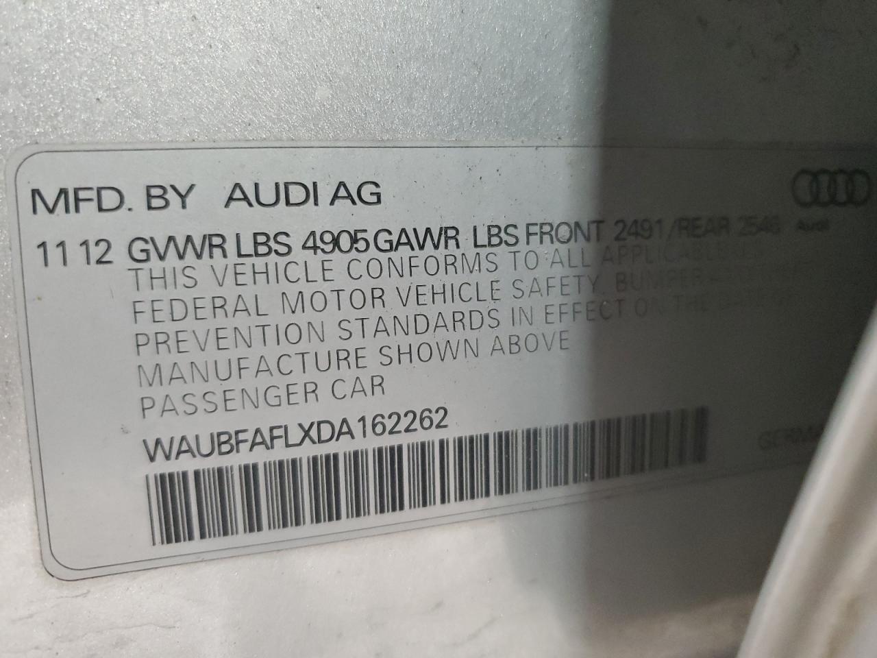 2013 Audi A4 Premium VIN: WAUBFAFLXDA162262 Lot: 64044904