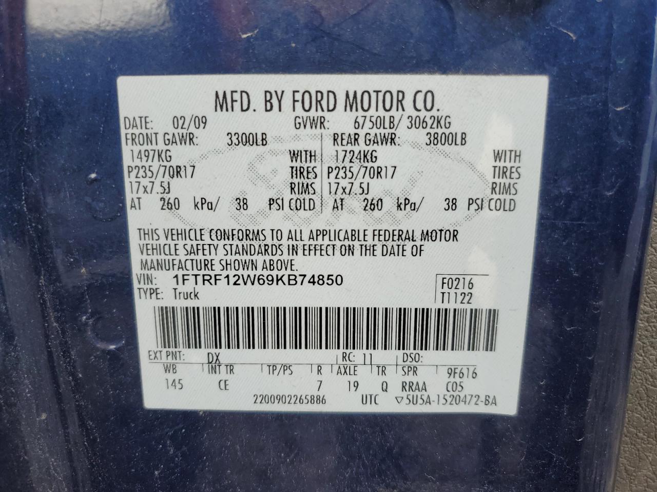 1FTRF12W69KB74850 2009 Ford F150