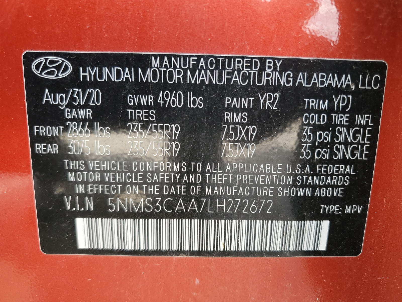 5NMS3CAA7LH272672 2020 Hyundai Santa Fe Sel