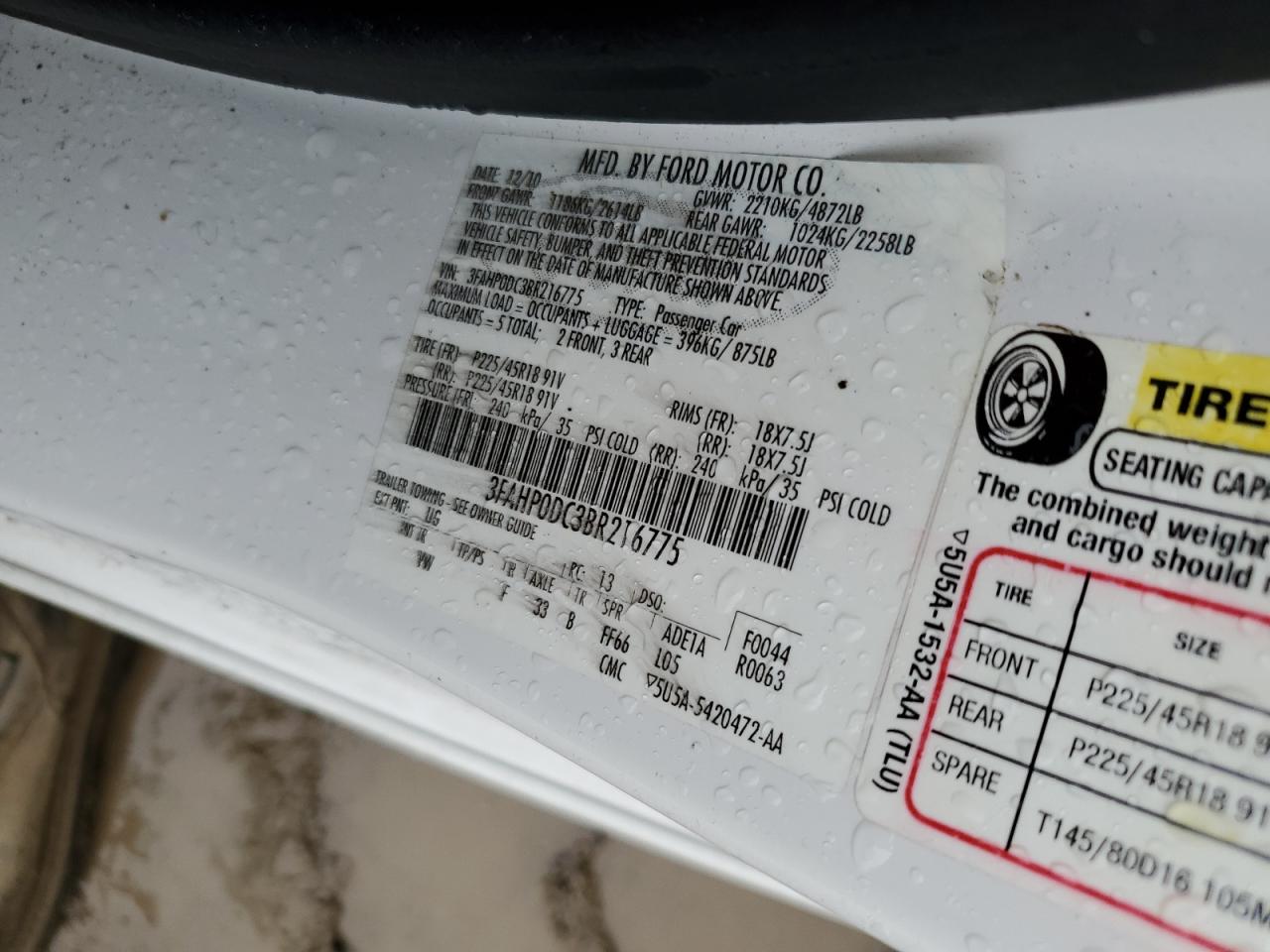 2011 Ford Fusion Sport VIN: 3FAHP0DC3BR216775 Lot: 64820744