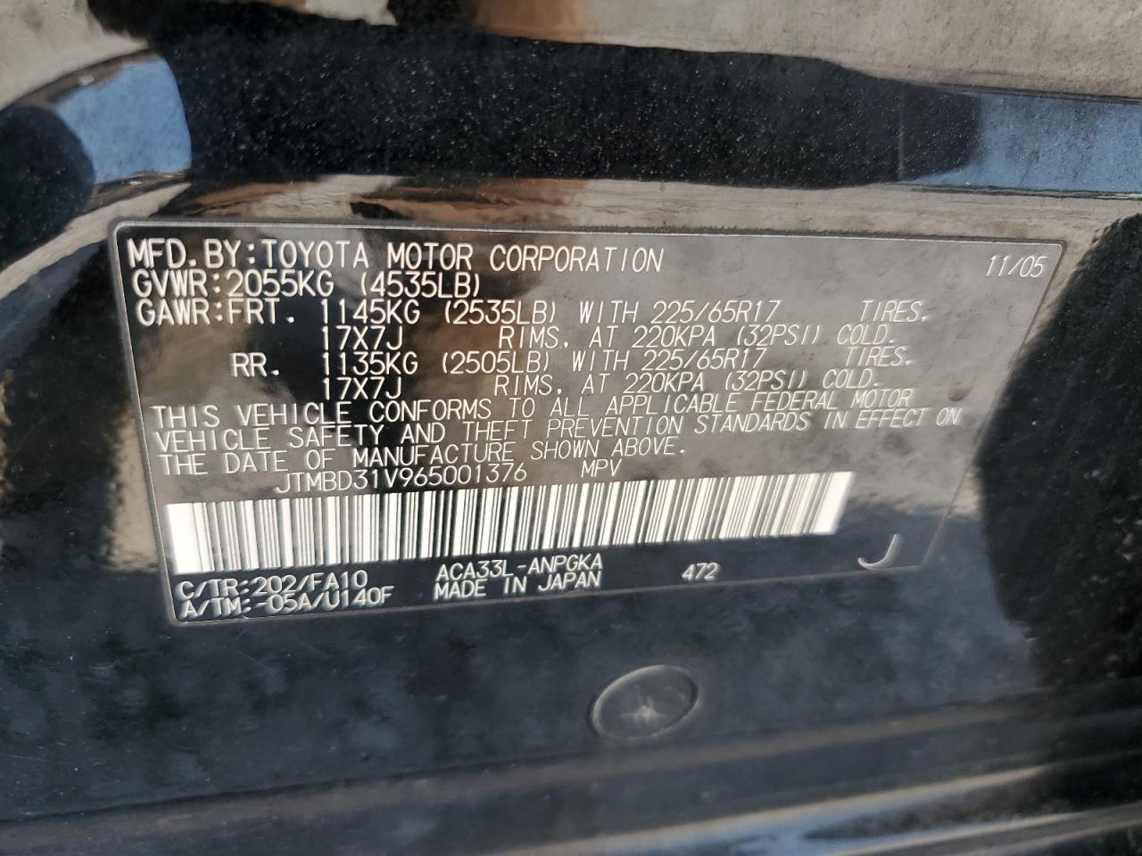 2006 Toyota Rav4 Limited VIN: JTMBD31V965001376 Lot: 63520184