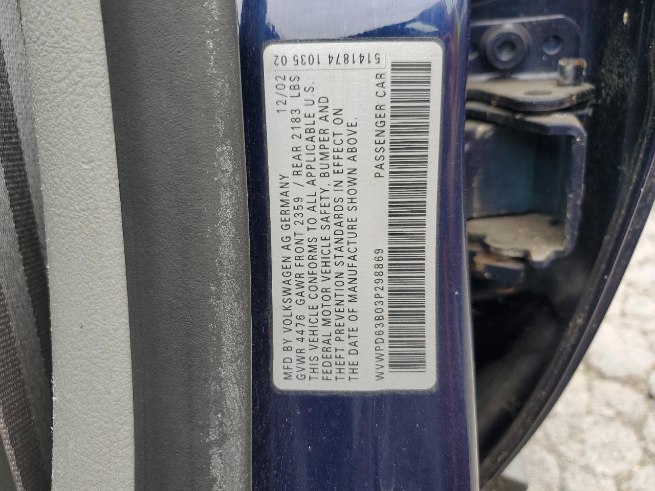 2003 Volkswagen Passat Gls VIN: WVWPD63B03P298869 Lot: 62720224