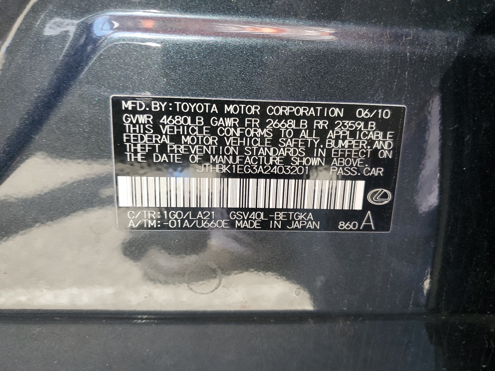 JTHBK1EG3A2403201 2010 Lexus Es 350