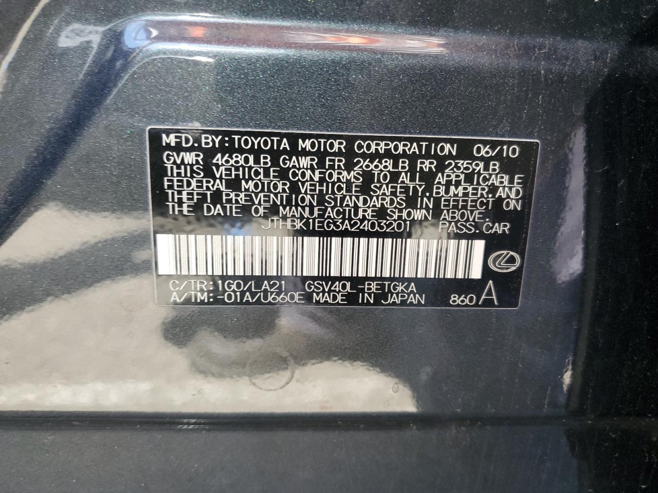 2010 Lexus Es 350 VIN: JTHBK1EG3A2403201 Lot: 62467114