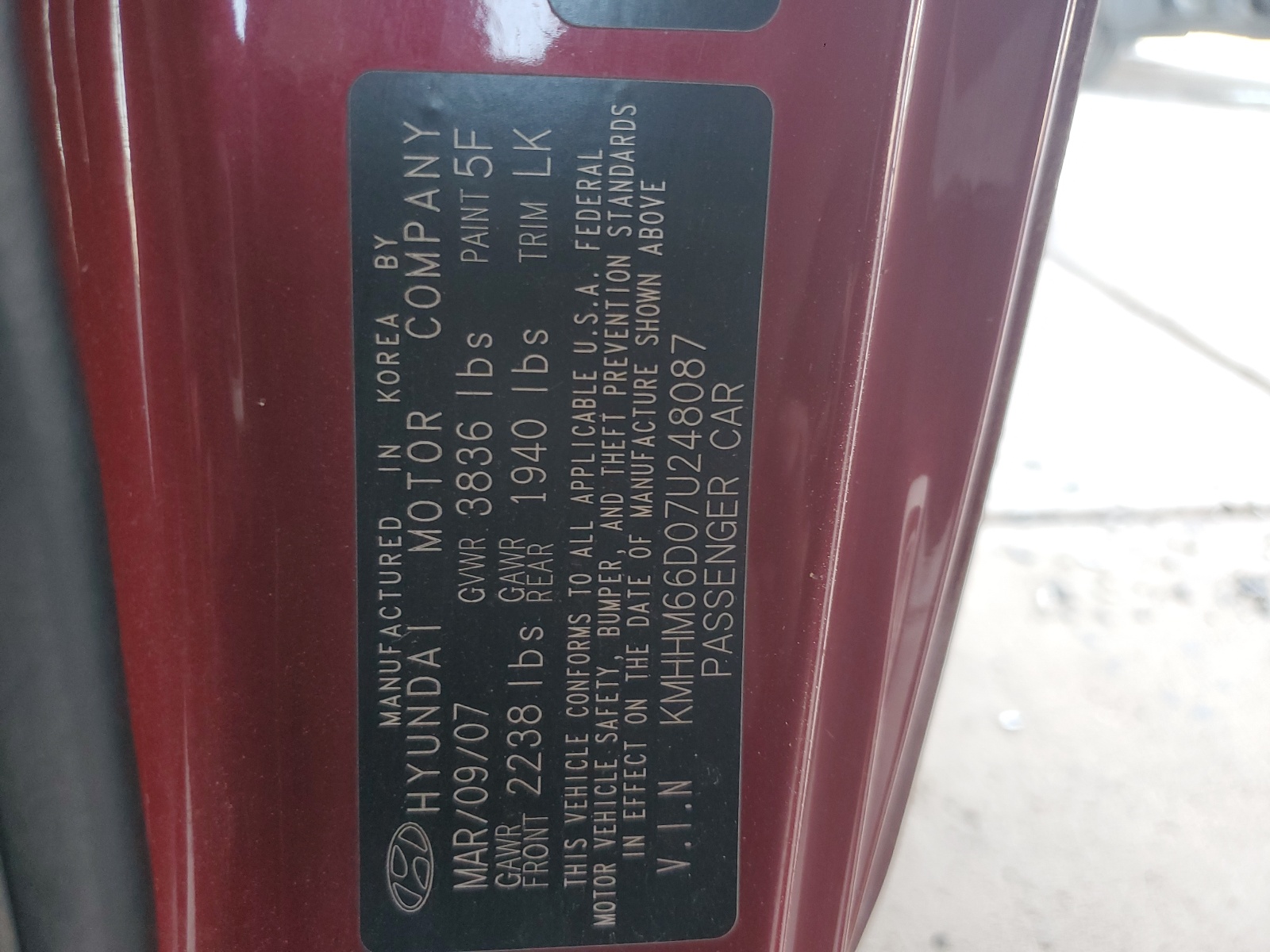 KMHHM66D07U248087 2007 Hyundai Tiburon Gs