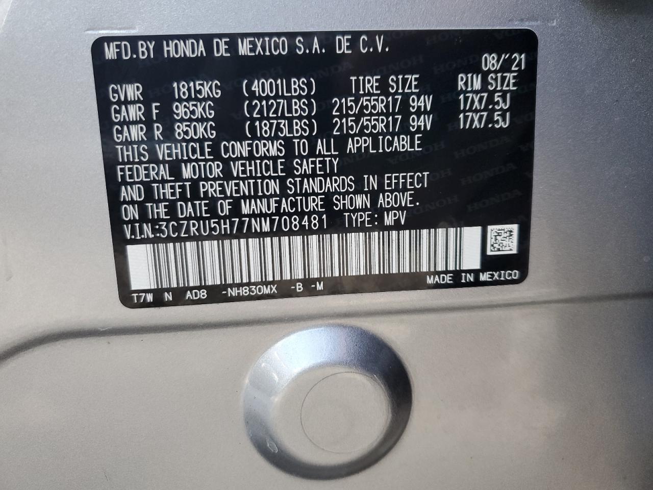 2022 Honda Hr-V Exl VIN: 3CZRU5H77NM708481 Lot: 61610094