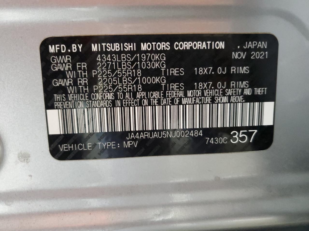 2022 Mitsubishi Outlander Sport Es VIN: JA4ARUAU5NU002484 Lot: 64599564