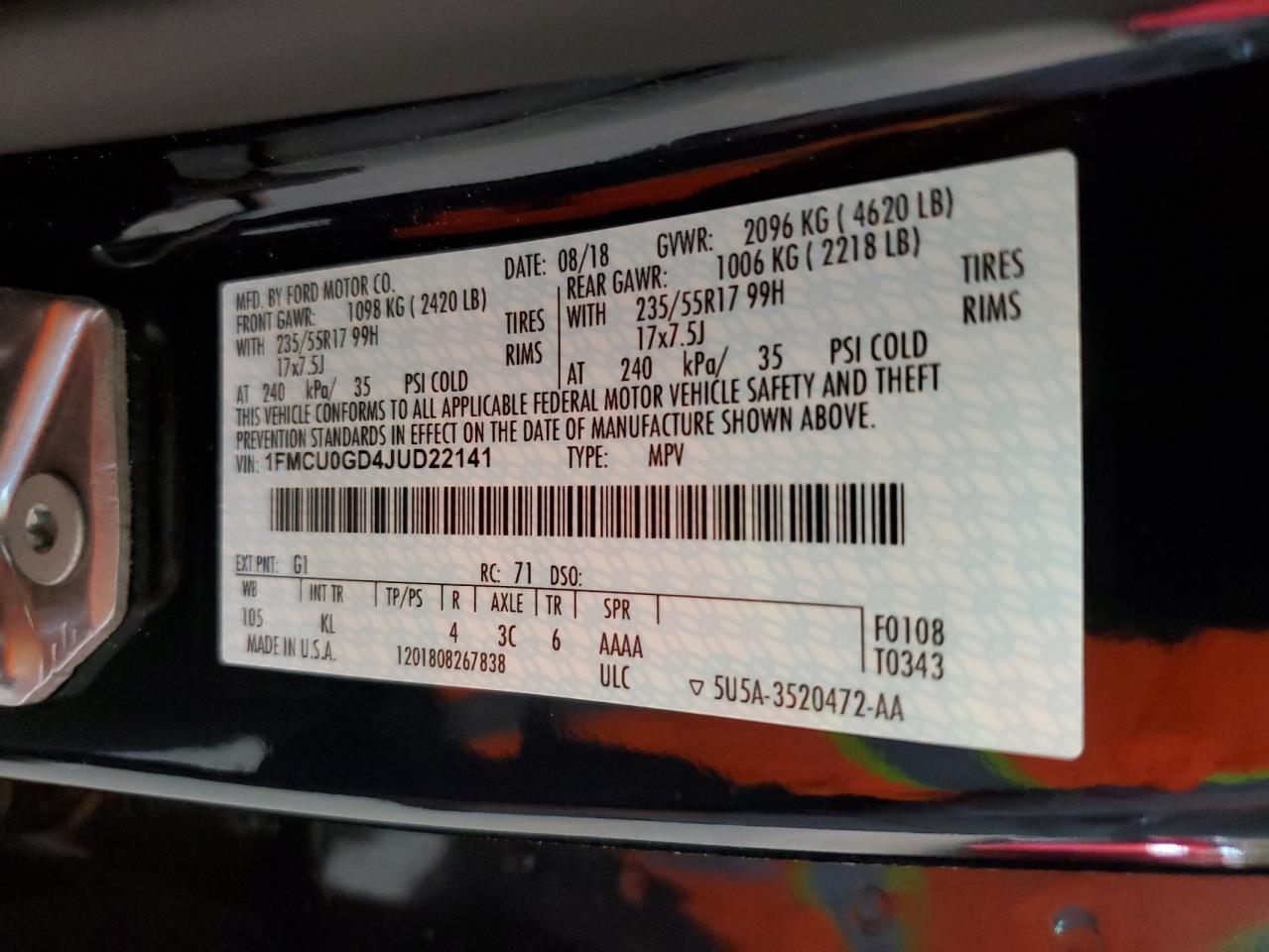 2018 Ford Escape Se VIN: 1FMCU0GD4JUD22141 Lot: 65015944