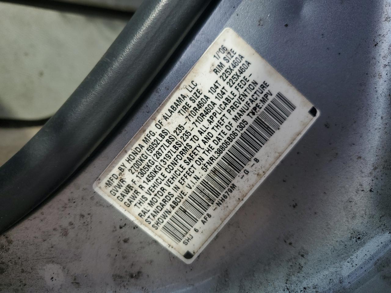 2006 Honda Odyssey Touring VIN: 5FNRL38806B061305 Lot: 64863484