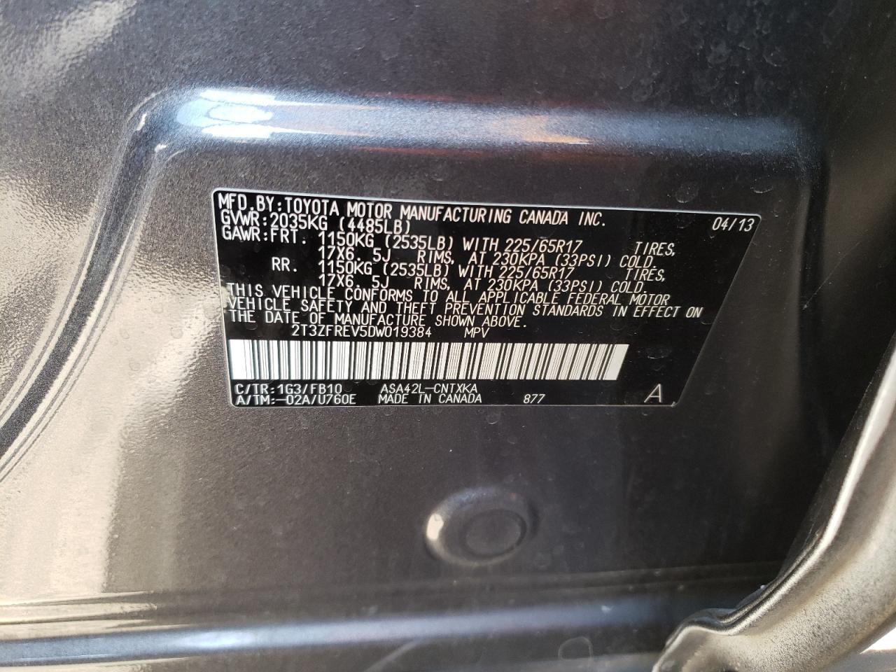 2T3ZFREV5DW019384 2013 Toyota Rav4 Le