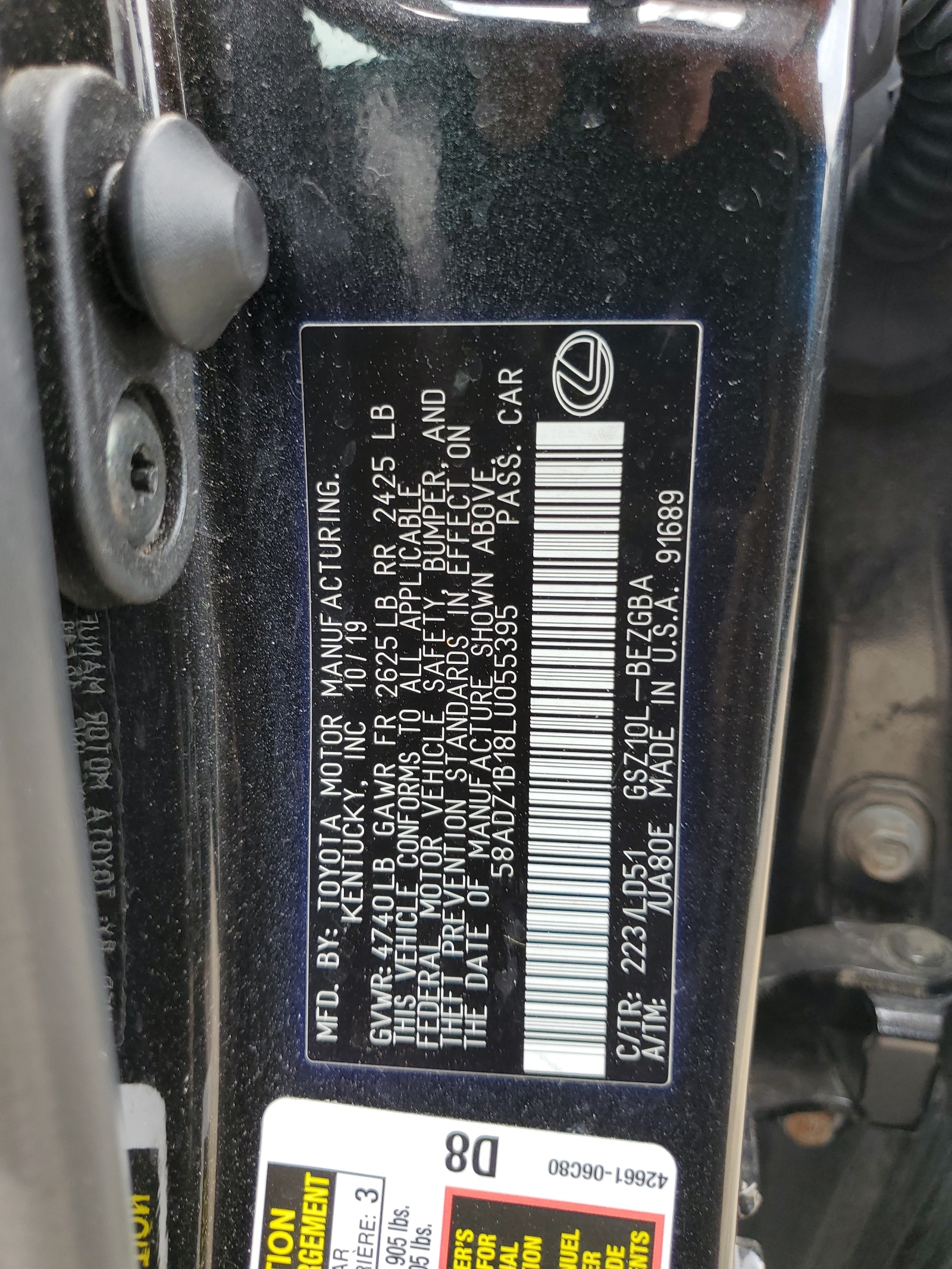 58ADZ1B18LU055395 2020 Lexus Es 350