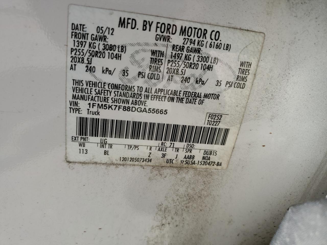 2013 Ford Explorer Limited VIN: 1FM5K7F88DGA55665 Lot: 62946074