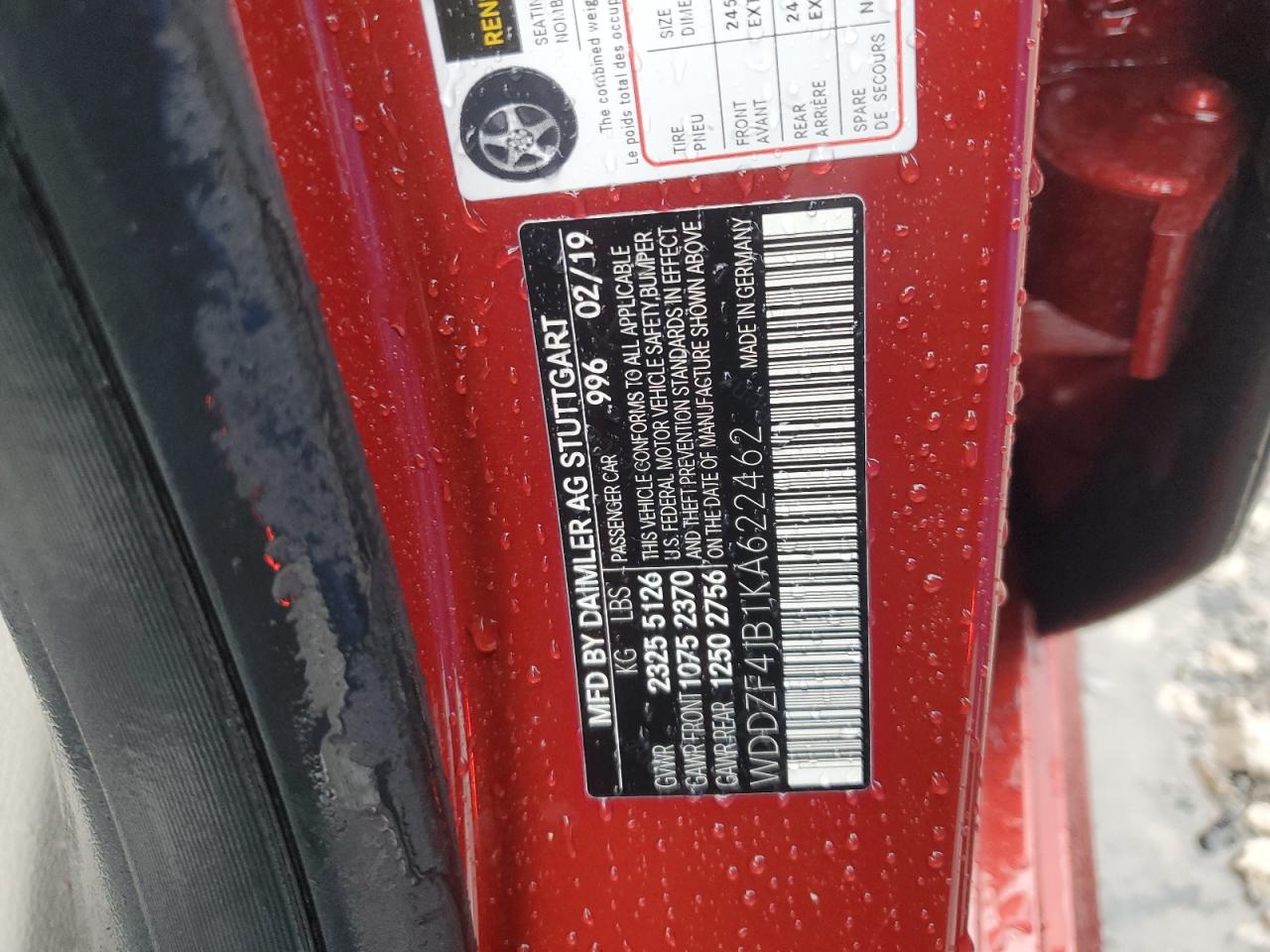 2019 Mercedes-Benz E 300 VIN: WDDZF4JB1KA622462 Lot: 62604504