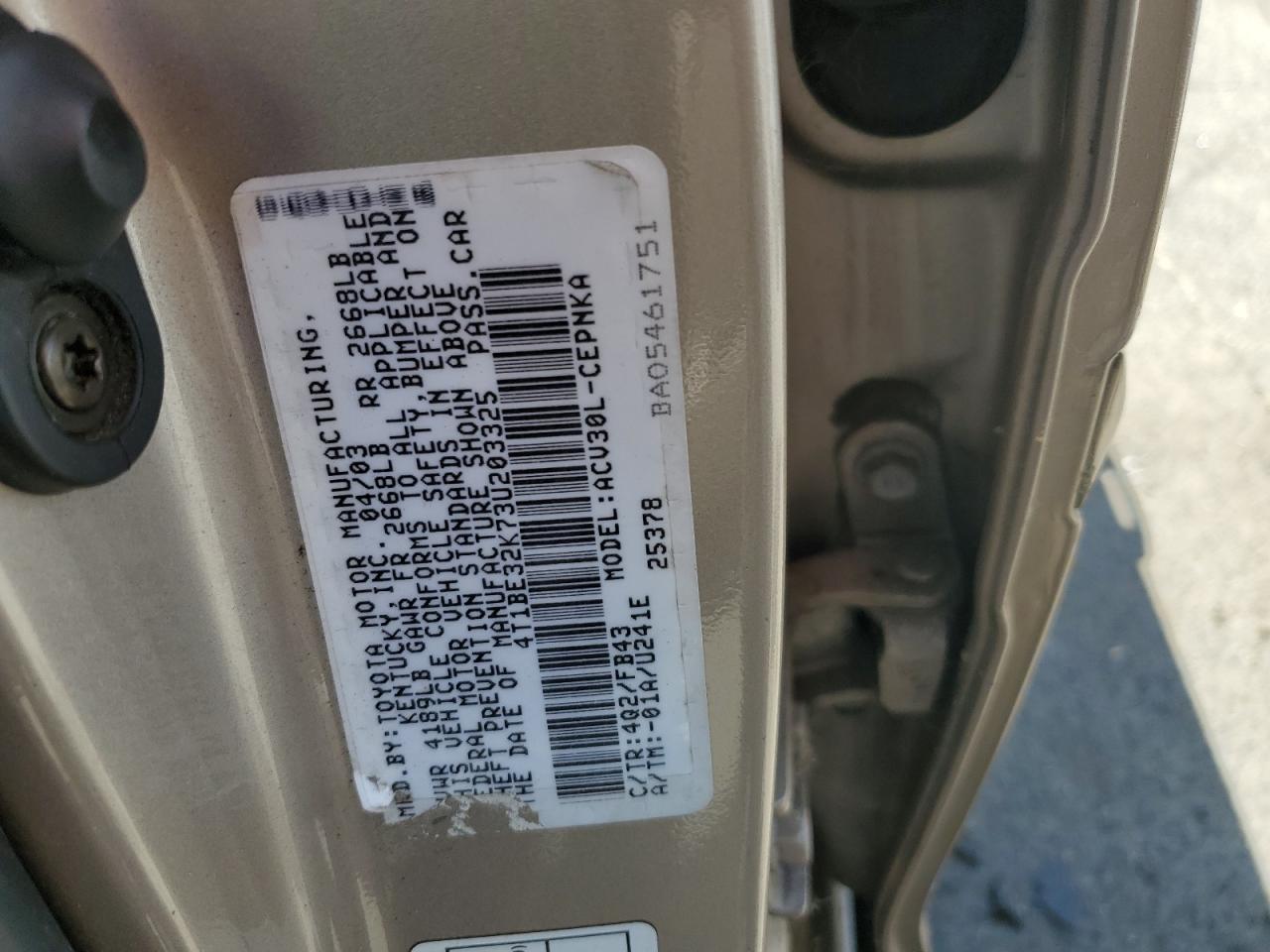 2003 Toyota Camry Le VIN: 4T1BE32K73U203325 Lot: 64357744