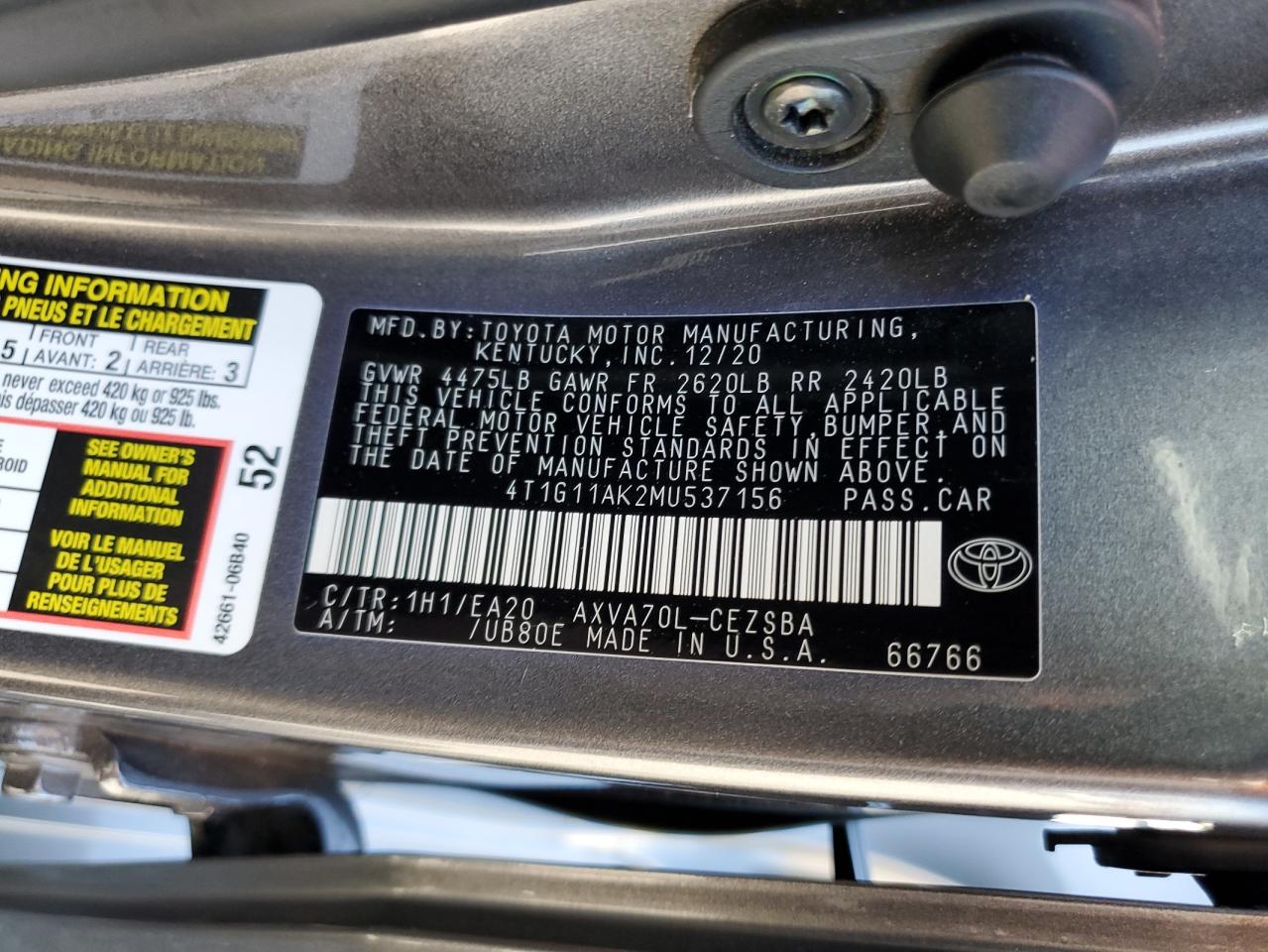 2021 Toyota Camry Se VIN: 4T1G11AK2MU537156 Lot: 65405744