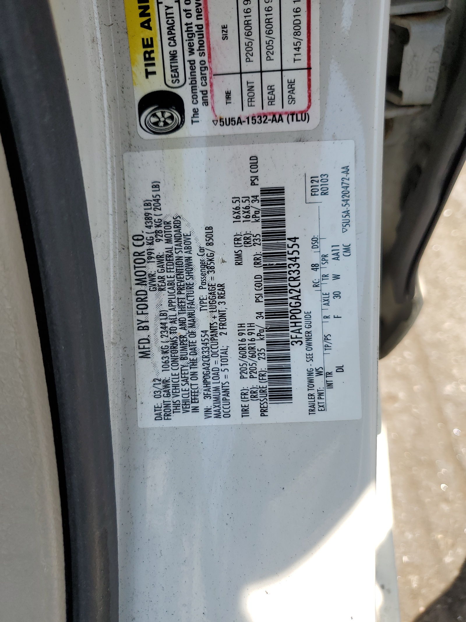 3FAHP0GA2CR334554 2012 Ford Fusion S