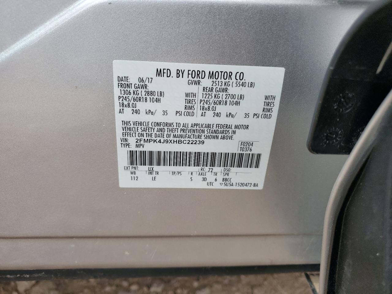 2017 Ford Edge Sel VIN: 2FMPK4J9XHBC22239 Lot: 61237724