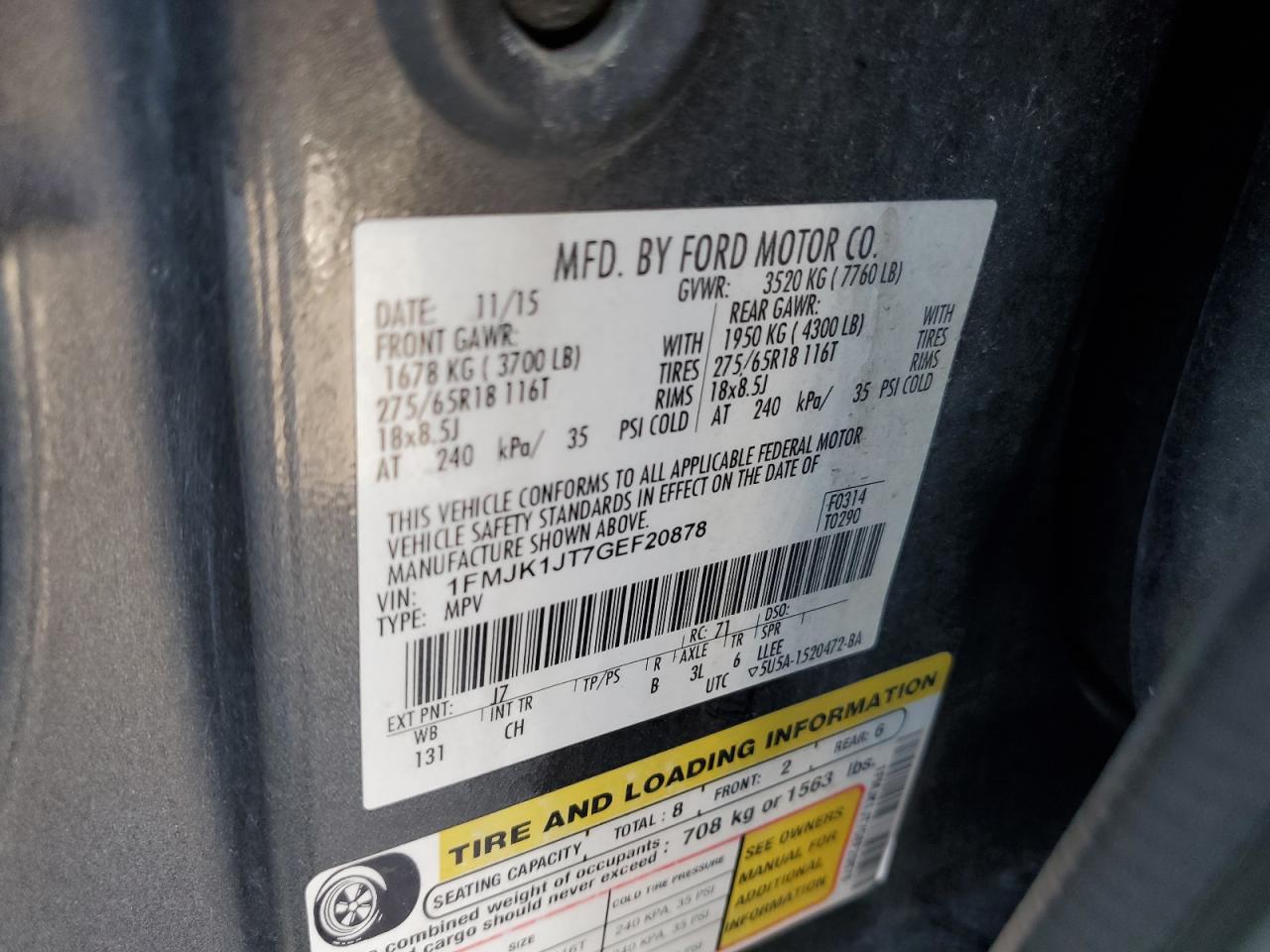 2016 Ford Expedition El Xlt VIN: 1FMJK1JT7GEF20878 Lot: 62767634