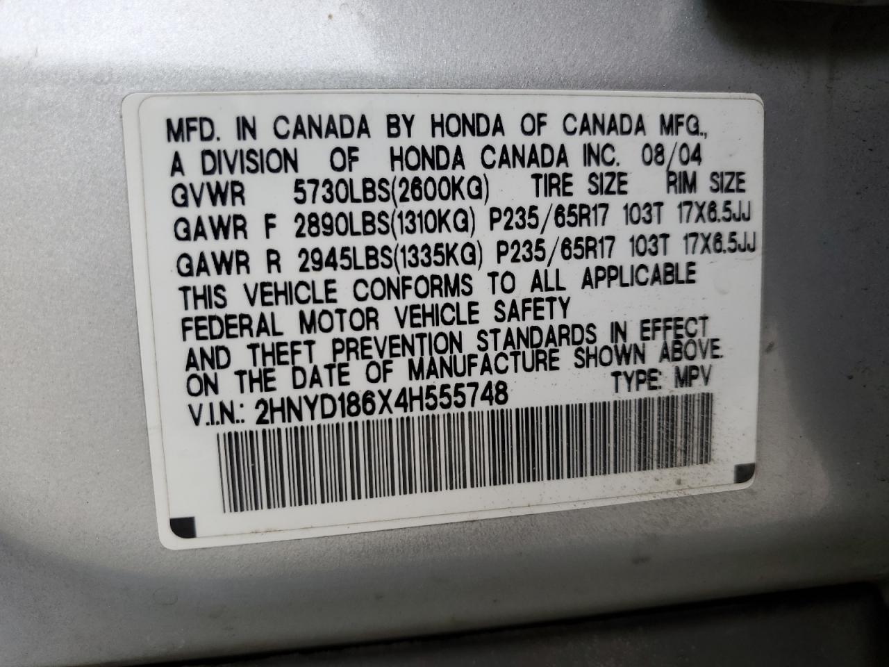 2004 Acura Mdx Touring VIN: 2HNYD186X4H555748 Lot: 61571634