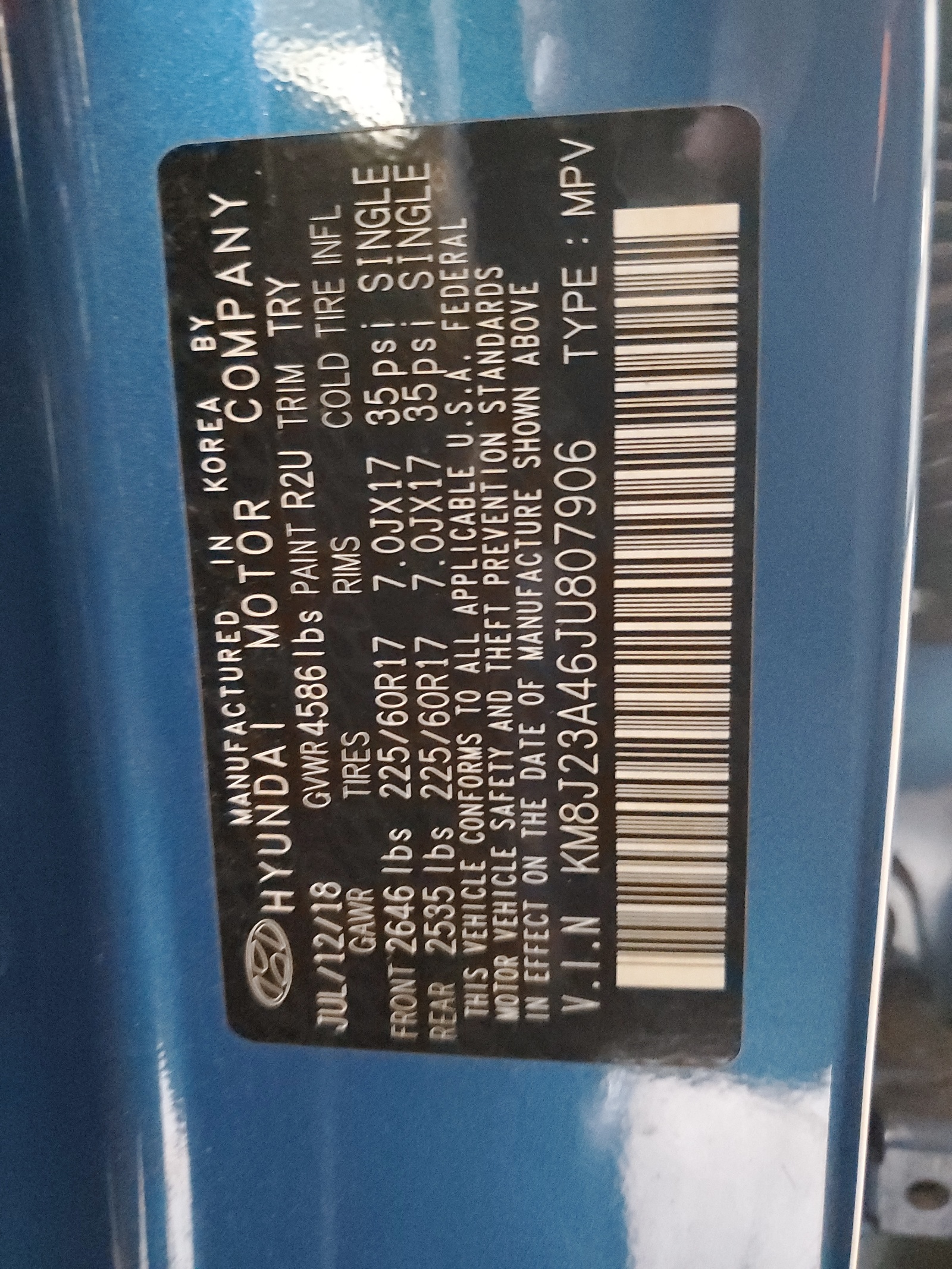 KM8J23A46JU807906 2018 Hyundai Tucson Se