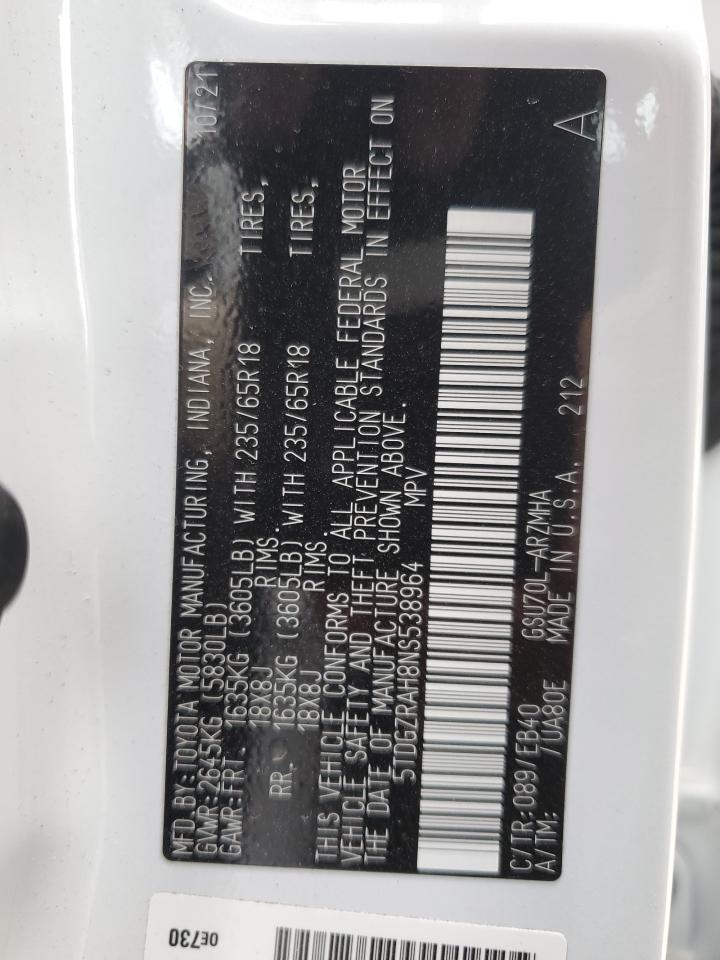 2022 Toyota Highlander Xle VIN: 5TDGZRAH8NS538964 Lot: 63542164