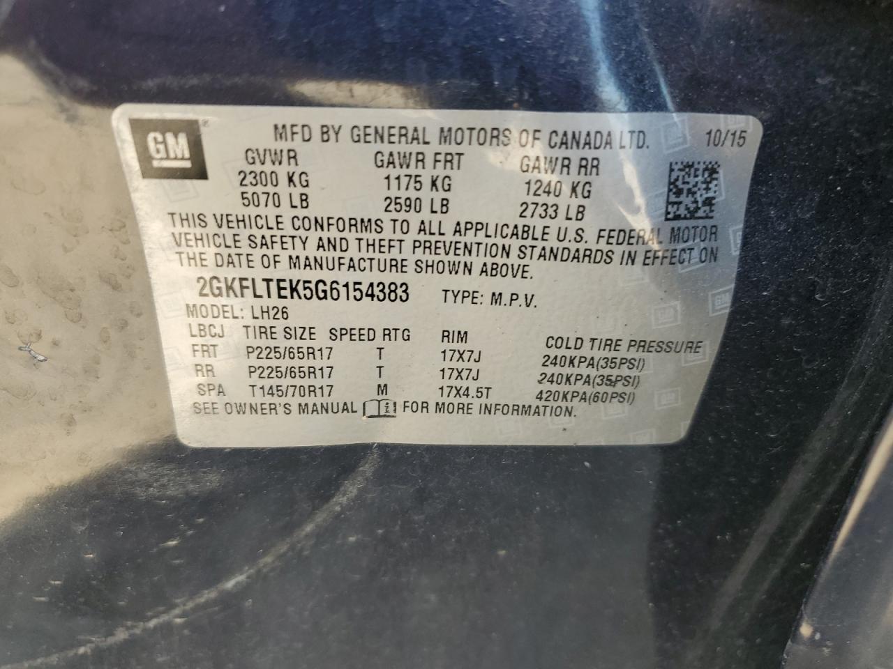 2016 GMC Terrain Sle VIN: 2GKFLTEK5G6154383 Lot: 64421054