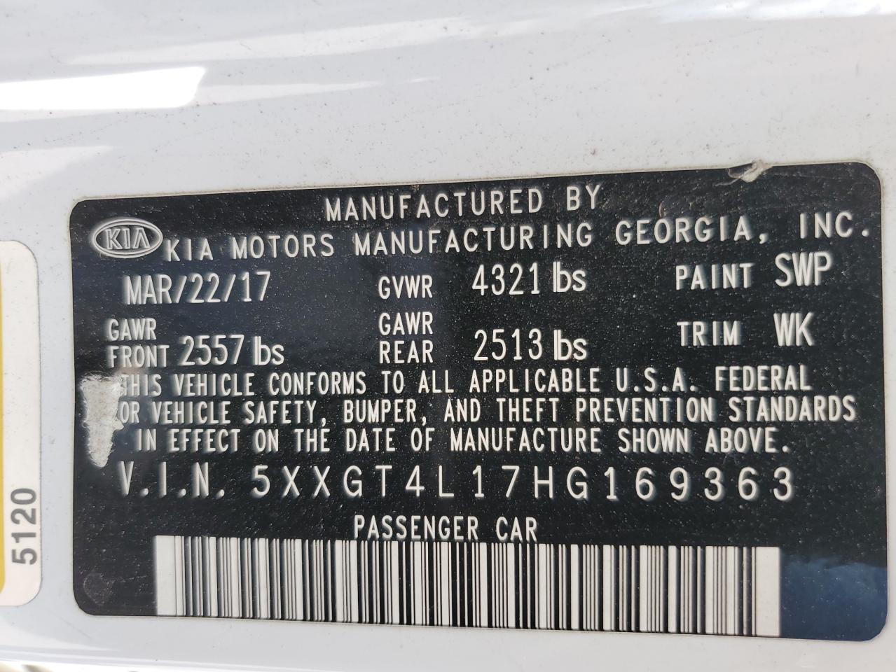 2017 Kia Optima Lx VIN: 5XXGT4L17HG169363 Lot: 61503104