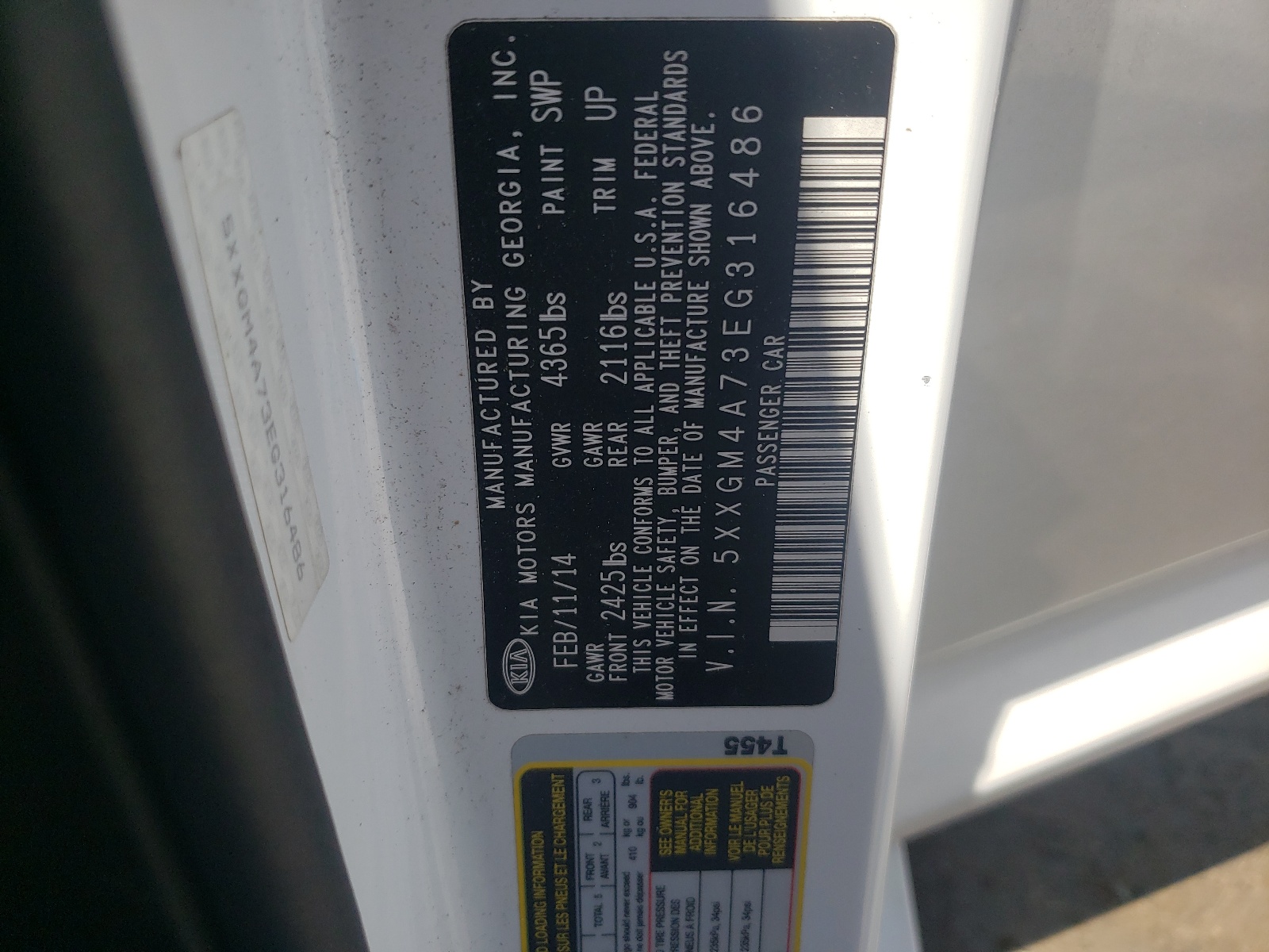 5XXGM4A73EG316486 2014 Kia Optima Lx