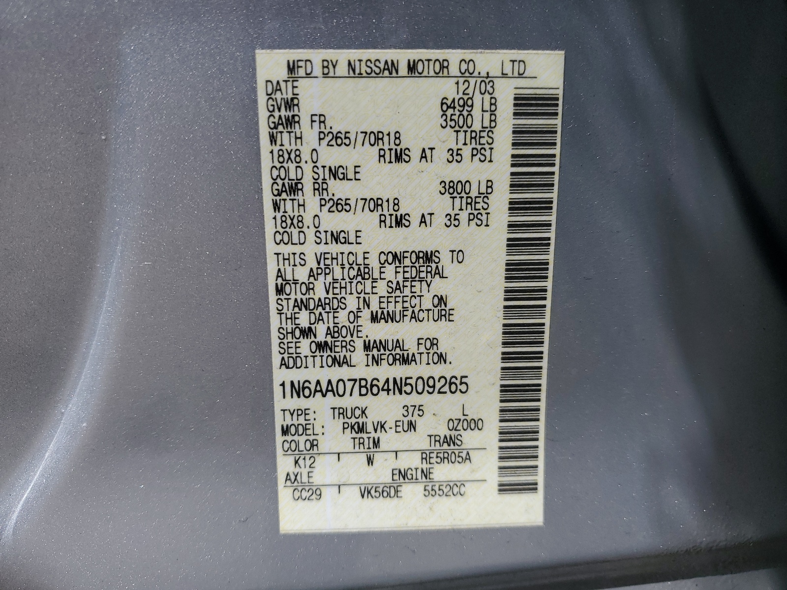 1N6AA07B64N509265 2004 Nissan Titan Xe