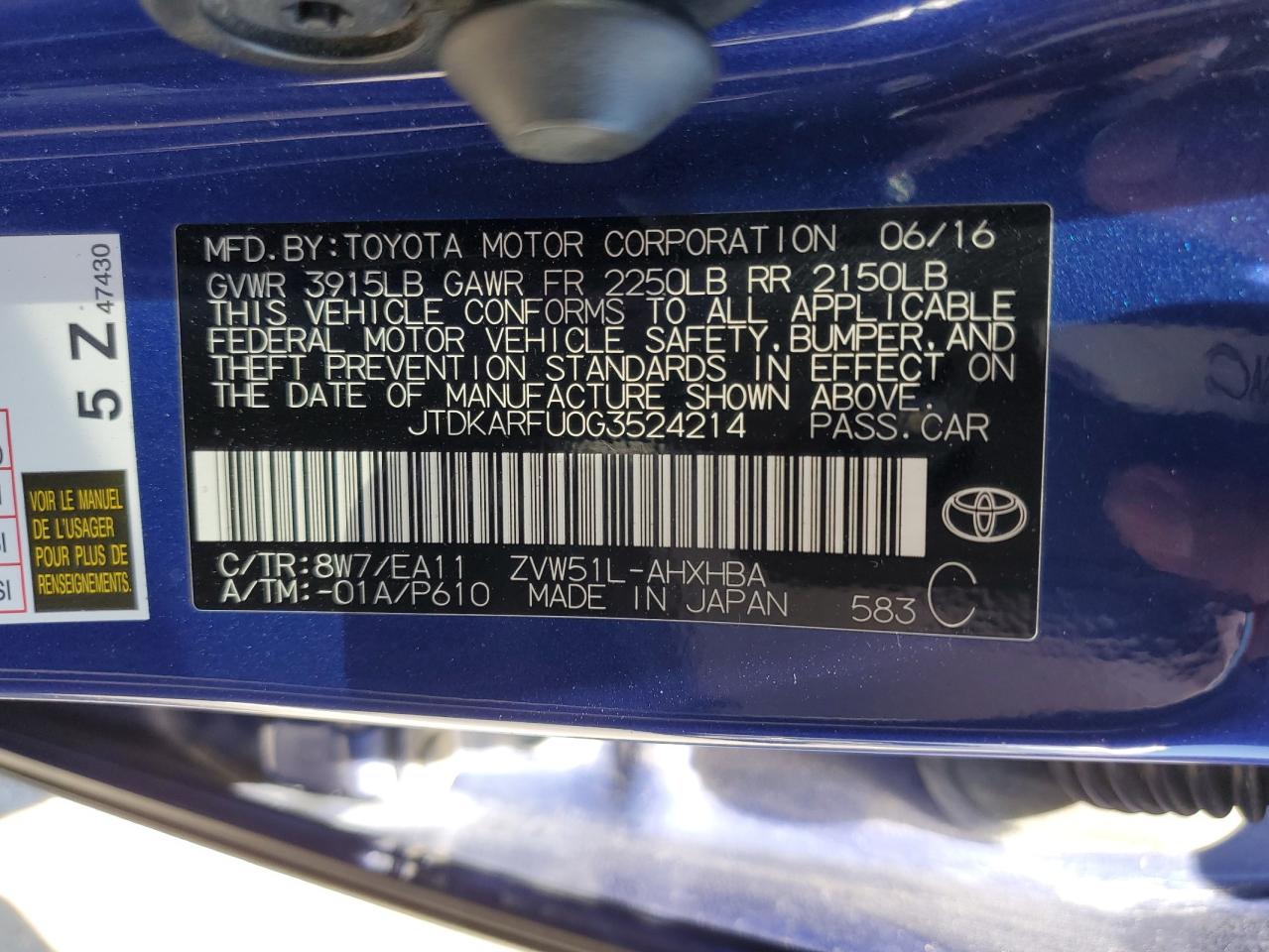 2016 Toyota Prius VIN: JTDKARFU0G3524214 Lot: 64895964