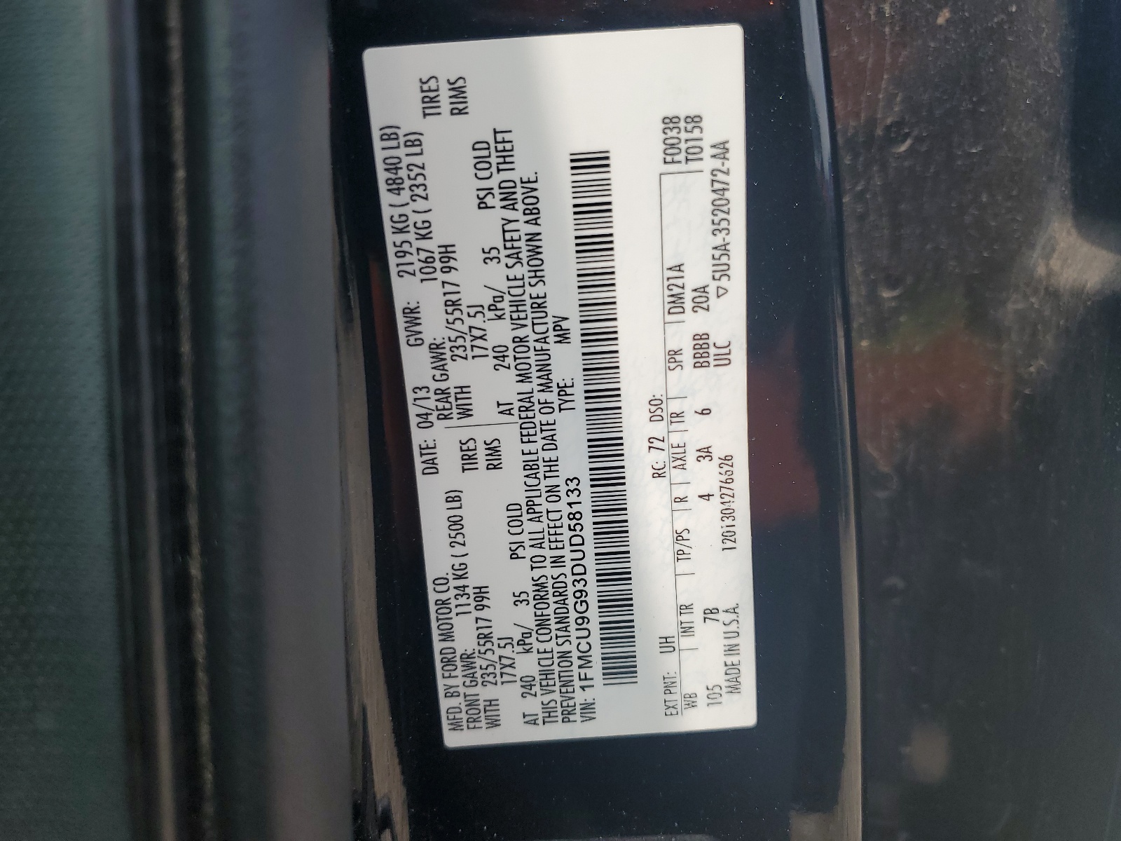 1FMCU9G93DUD58133 2013 Ford Escape Se