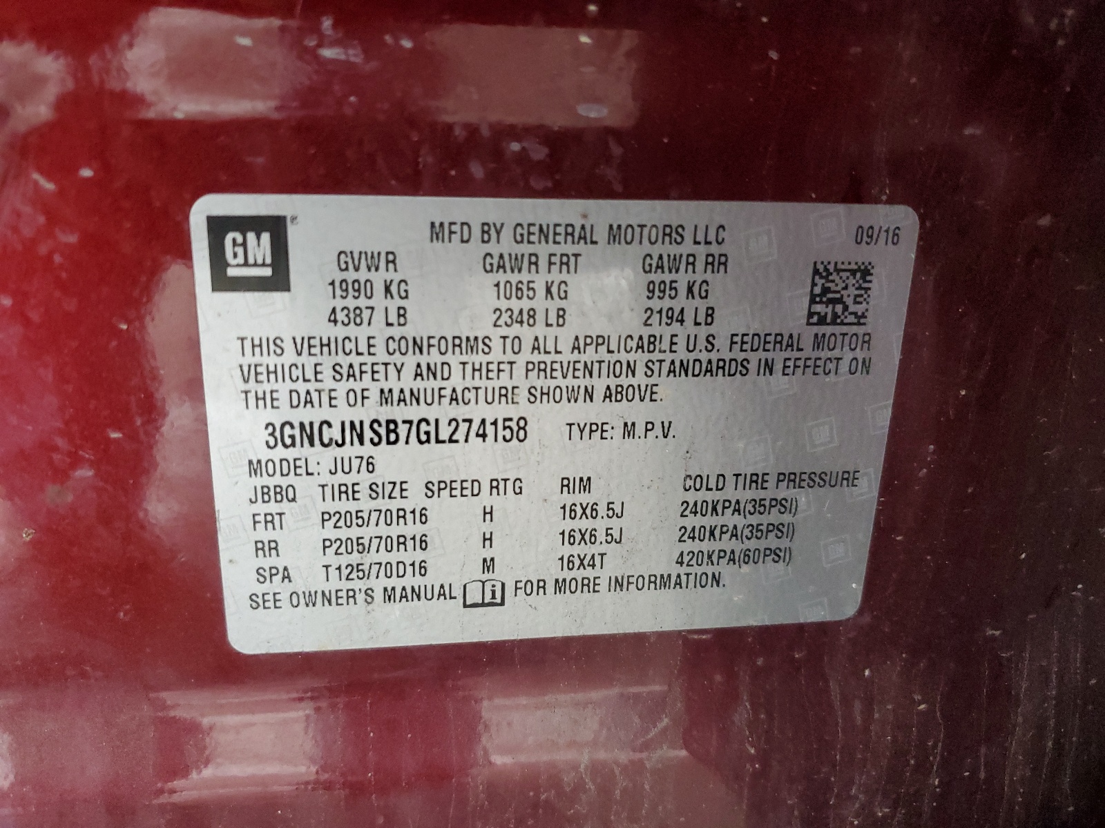 3GNCJNSB7GL274158 2016 Chevrolet Trax Ls