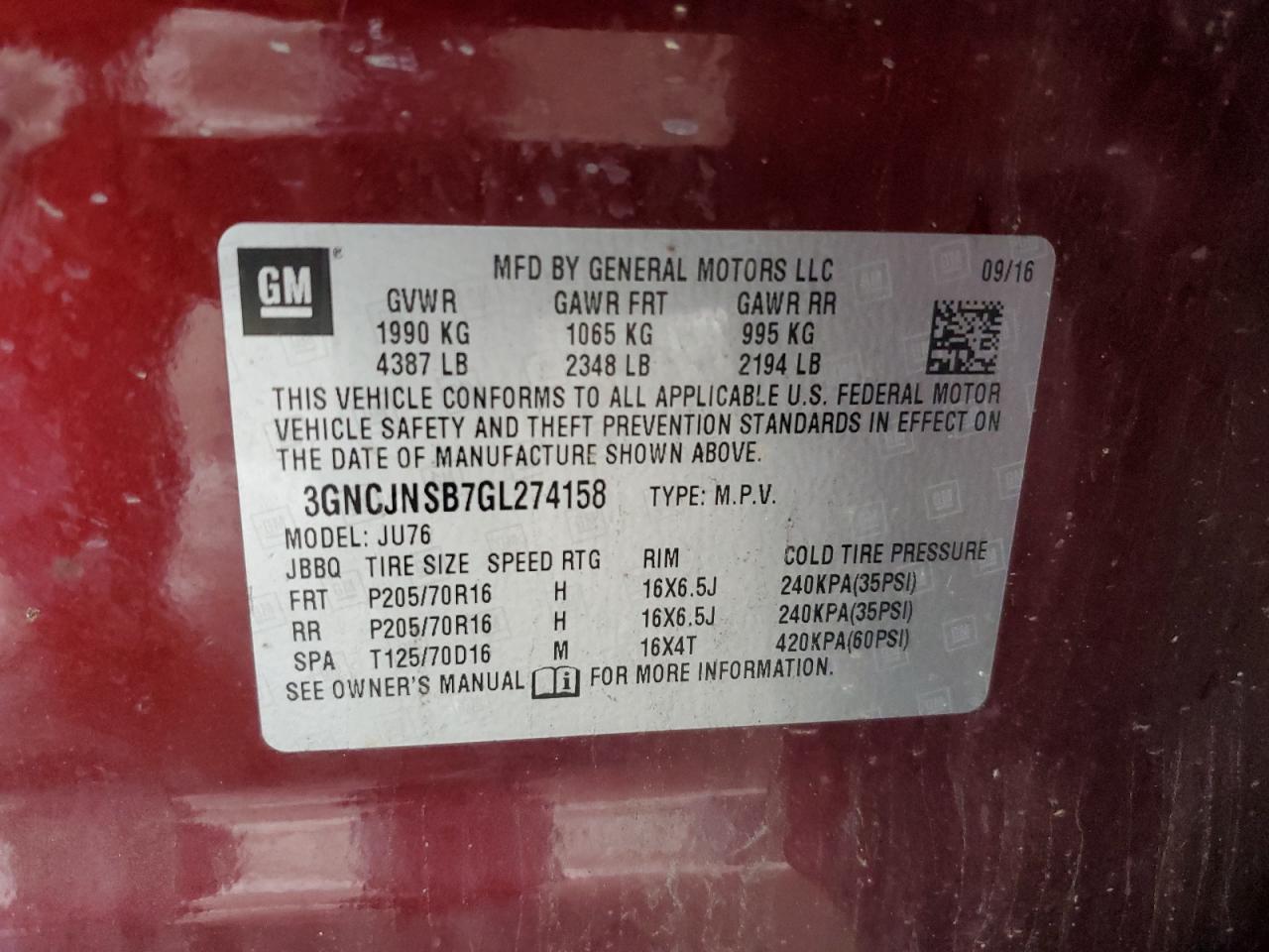 2016 Chevrolet Trax Ls VIN: 3GNCJNSB7GL274158 Lot: 65332224