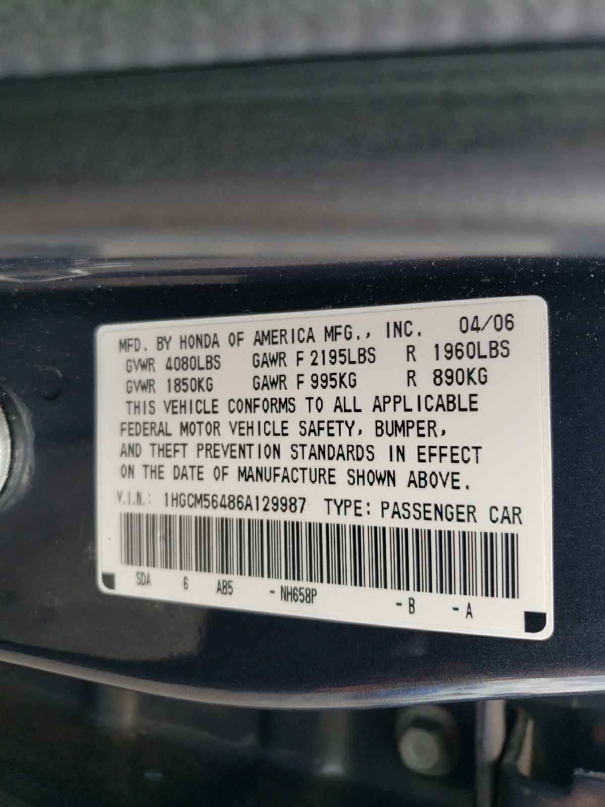 1HGCM56486A129987 2006 Honda Accord Lx