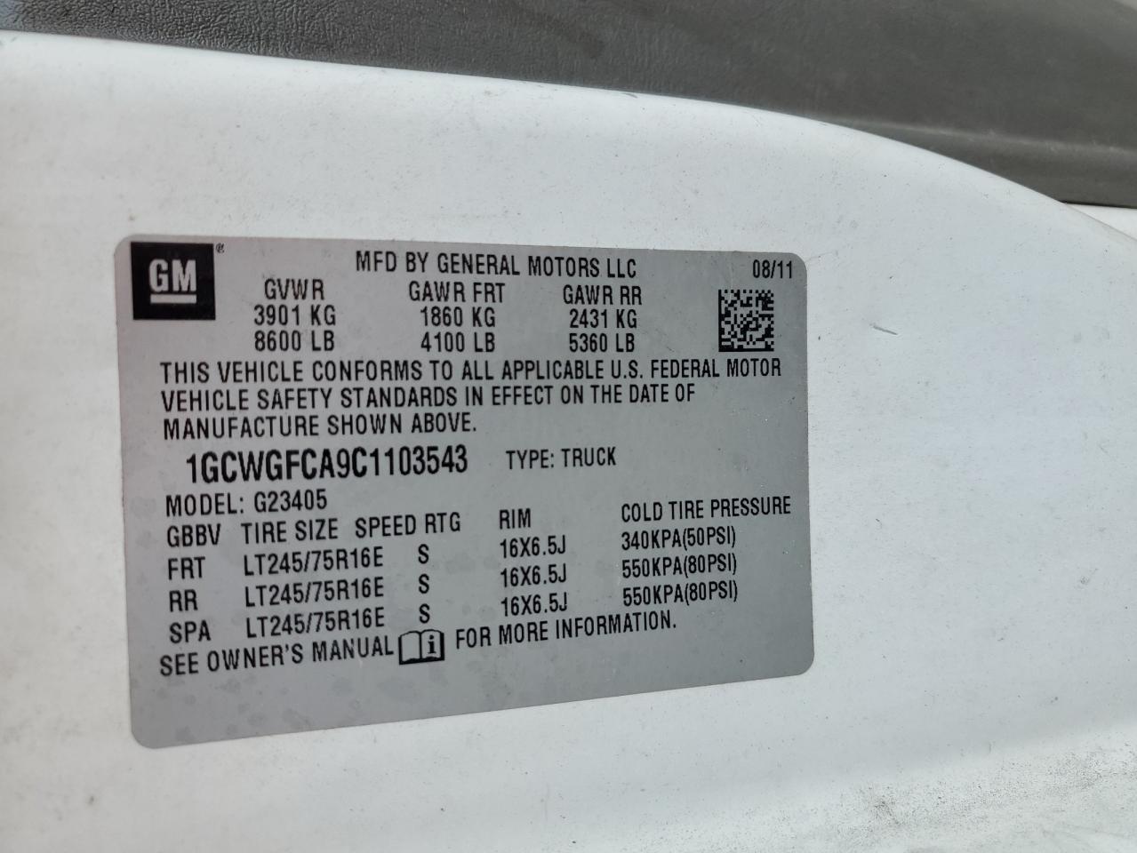 2012 Chevrolet Express G2500 VIN: 1GCWGFCA9C1103543 Lot: 65123654