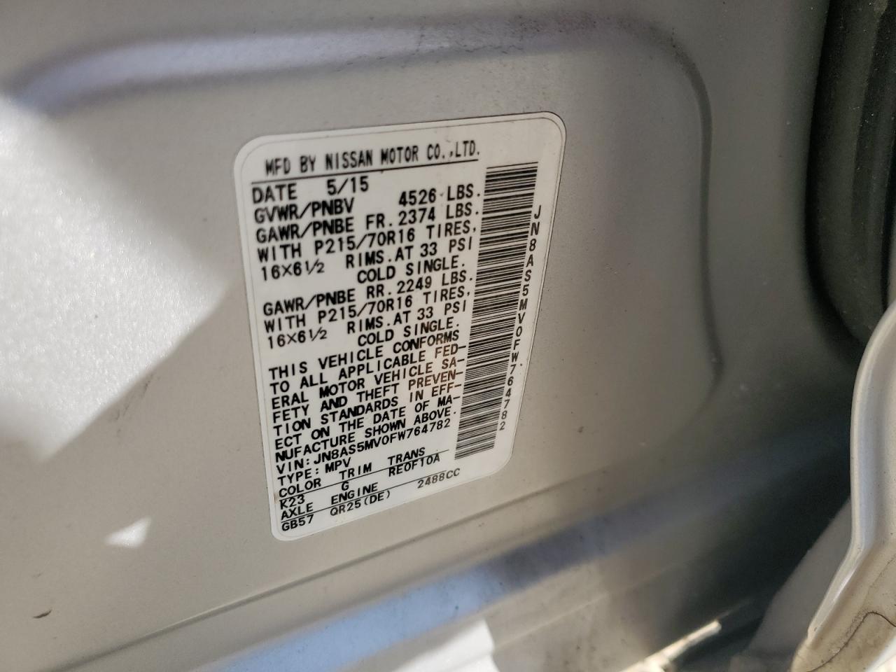 2015 Nissan Rogue Select S VIN: JN8AS5MV0FW764782 Lot: 65594284