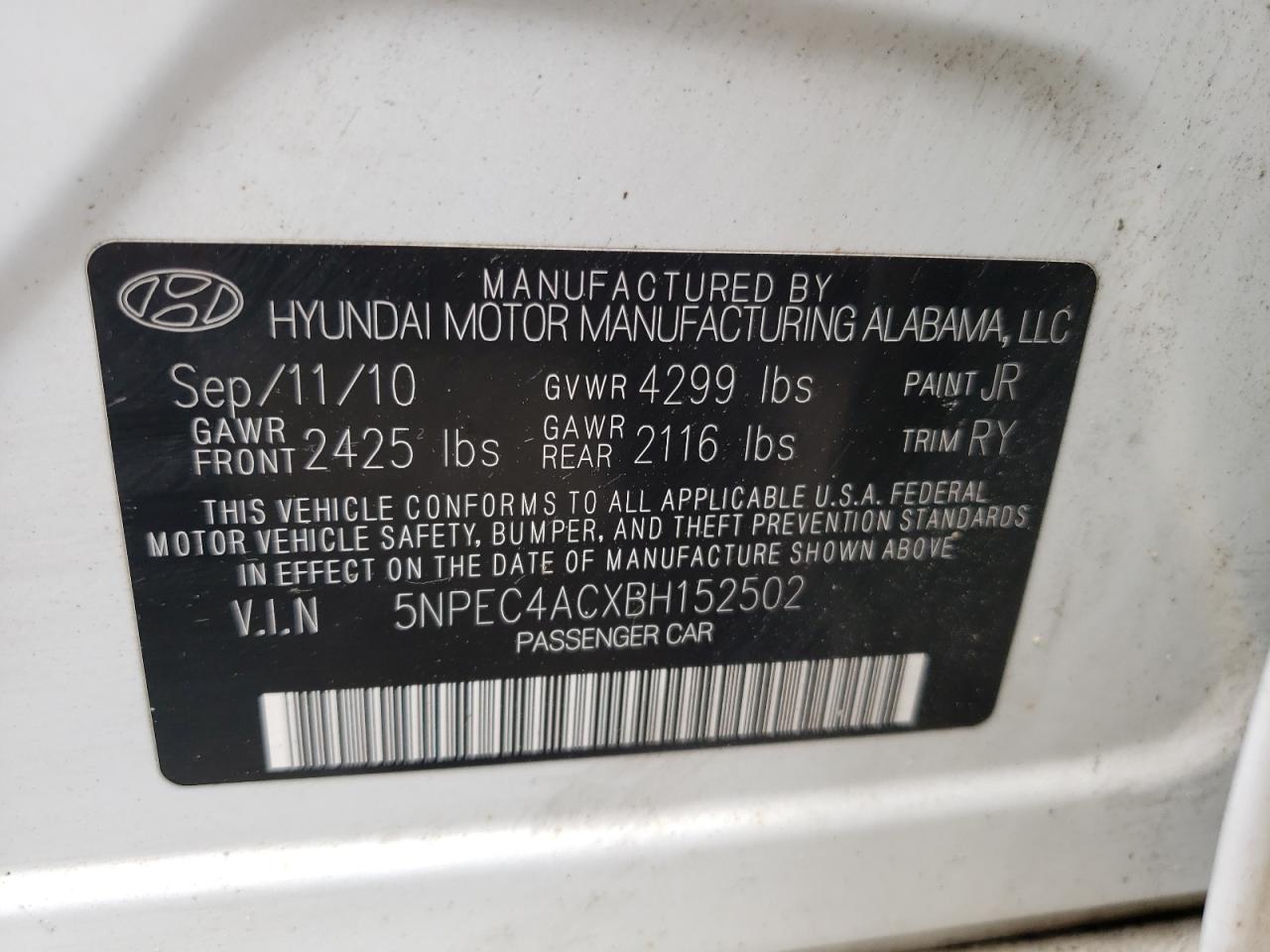 2011 Hyundai Sonata Se VIN: 5NPEC4ACXBH152502 Lot: 63702494