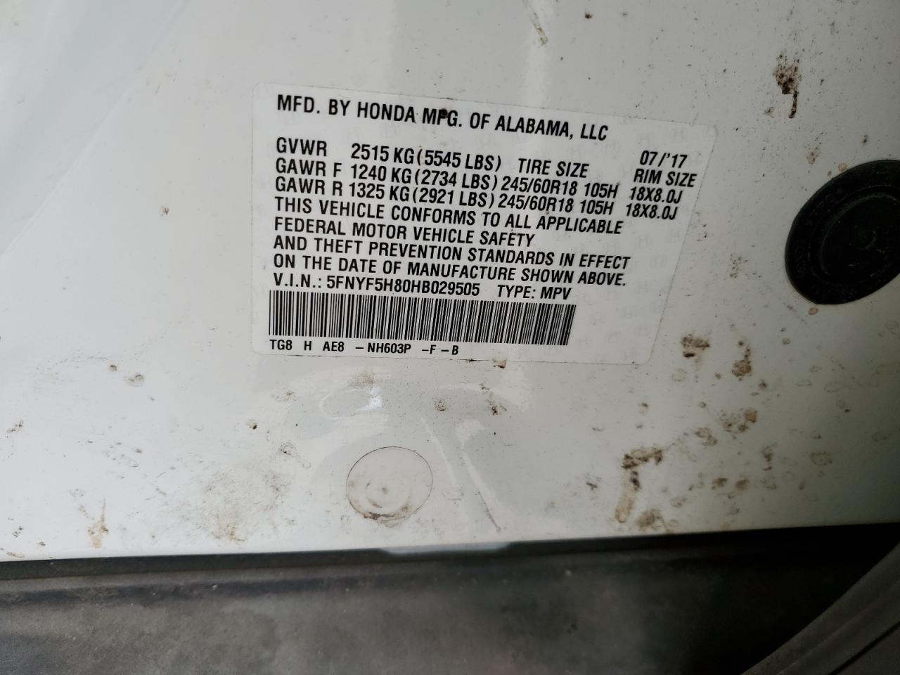 2017 Honda Pilot Exl VIN: 5FNYF5H80HB029505 Lot: 63885054