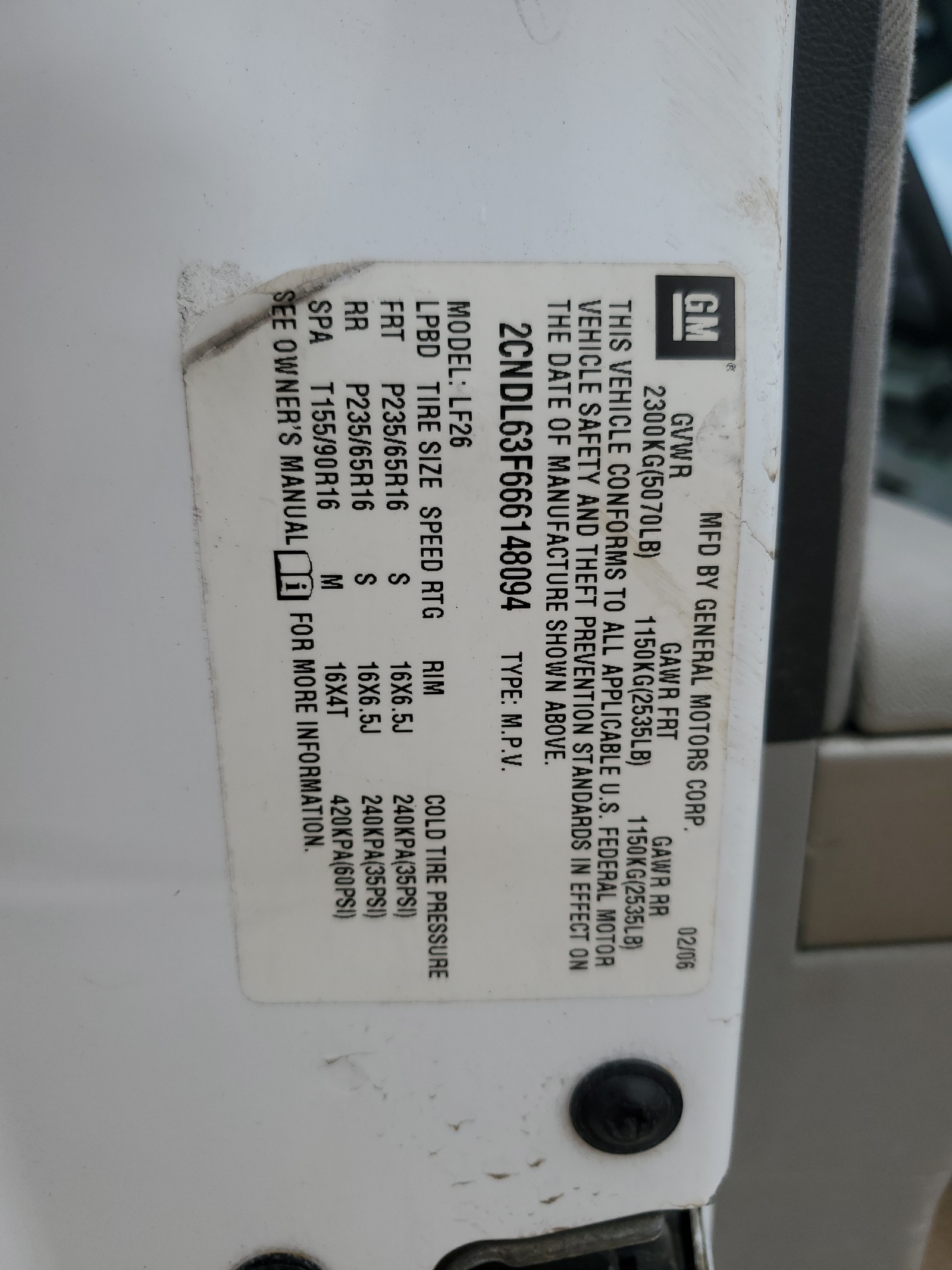 2CNDL63F666148094 2006 Chevrolet Equinox Lt