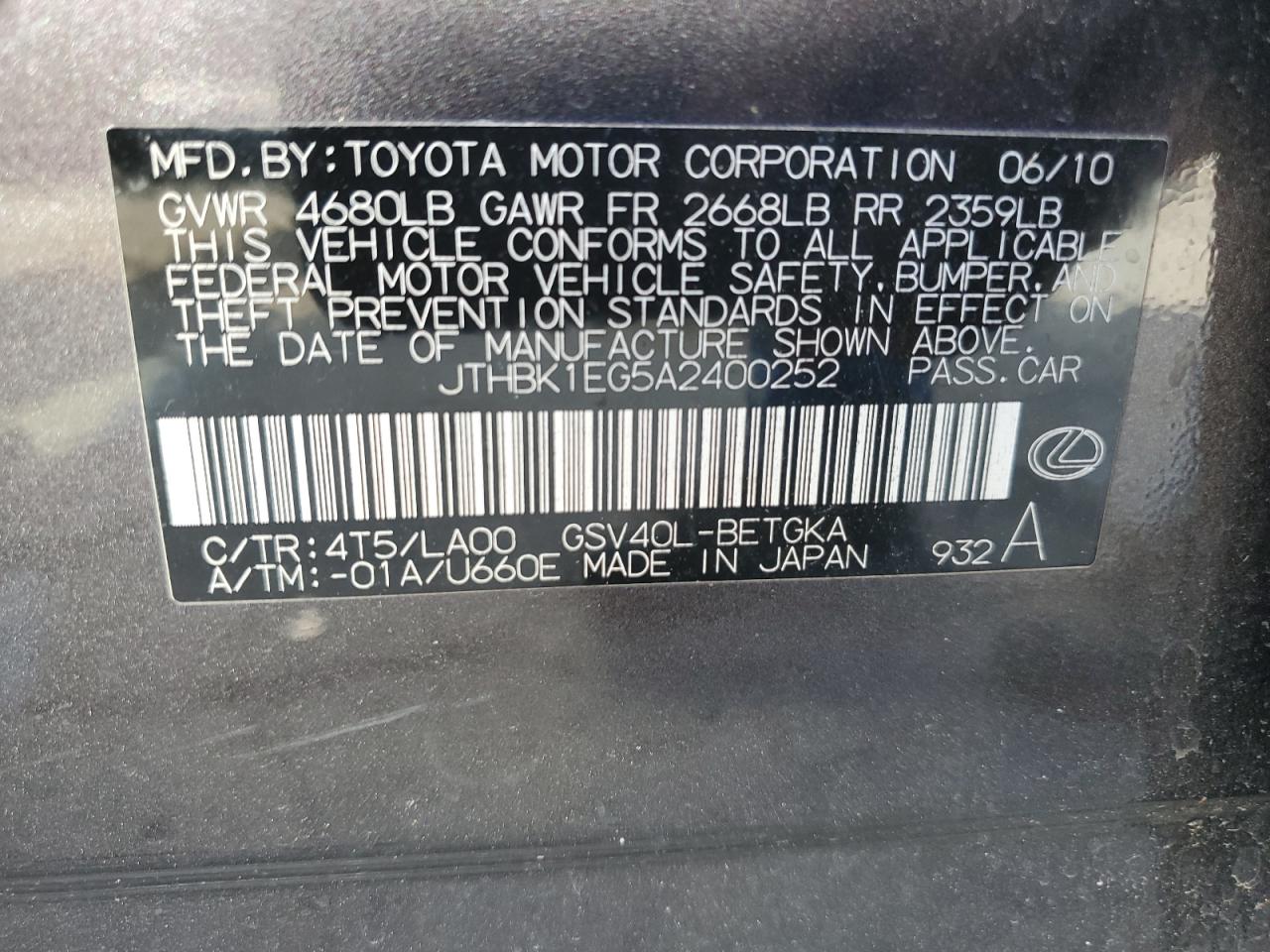 2010 Lexus Es 350 VIN: JTHBK1EG5A2400252 Lot: 61985404