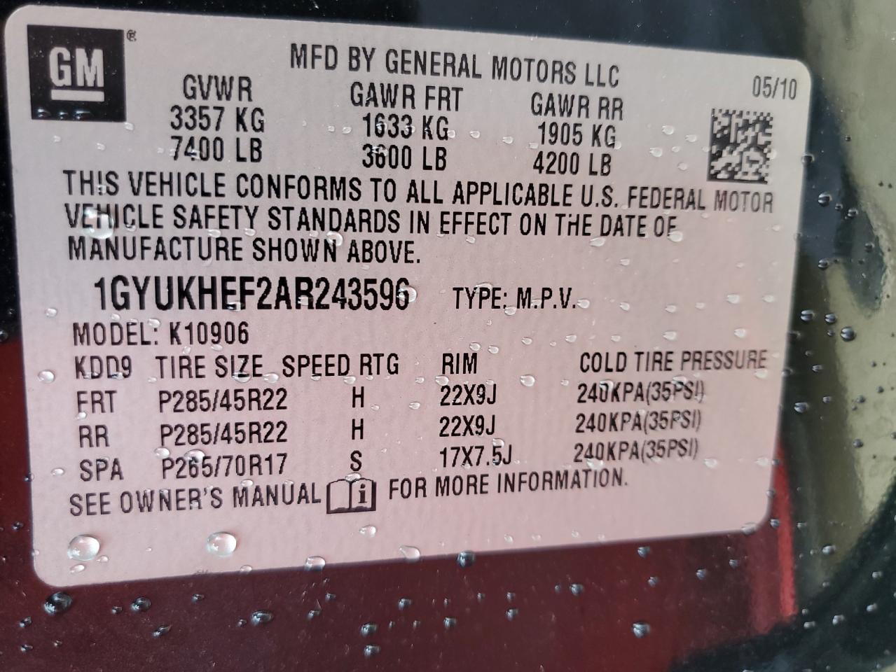 2010 Cadillac Escalade Esv Luxury VIN: 1GYUKHEF2AR243596 Lot: 64764094