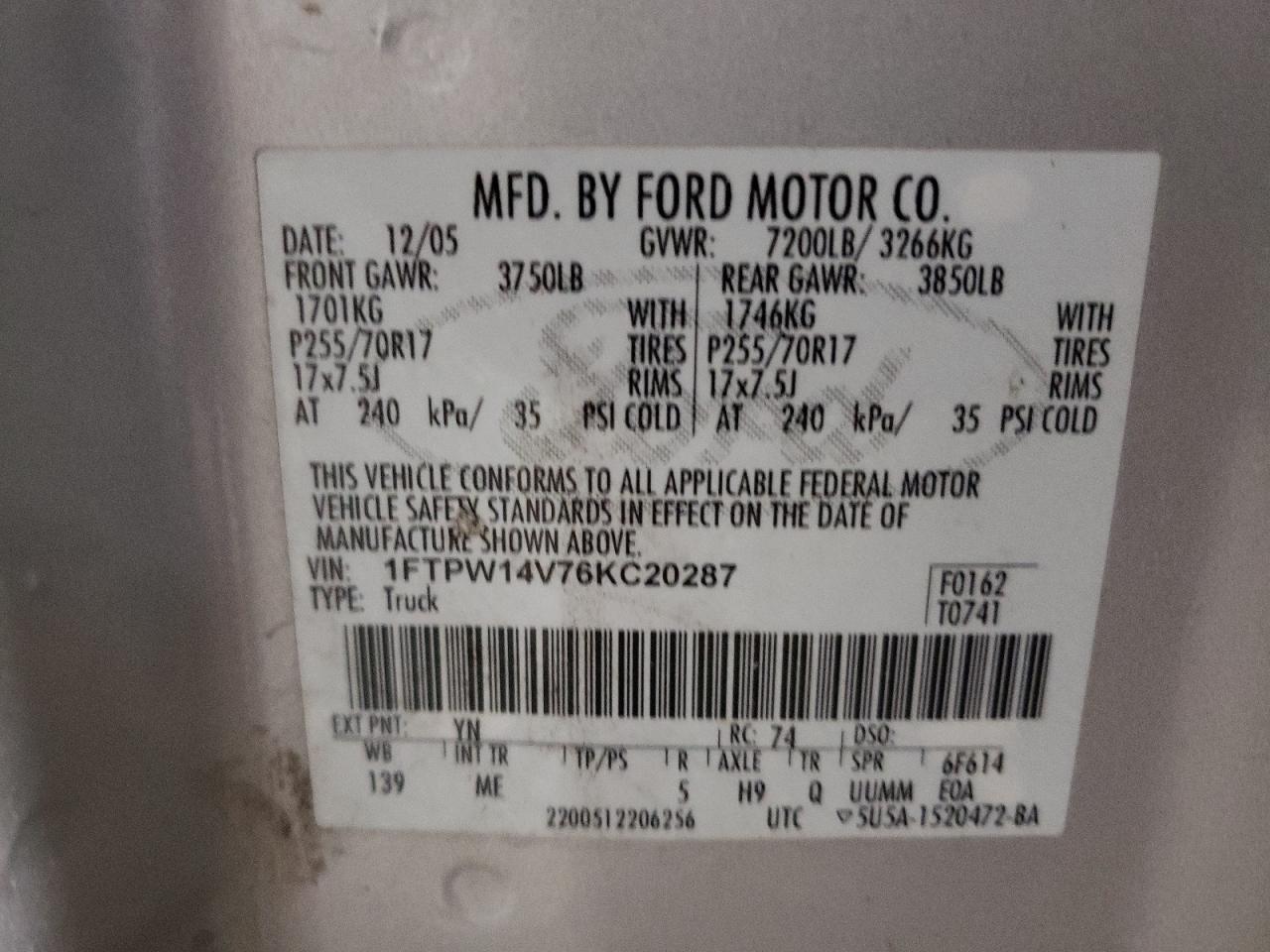 2006 Ford F150 Supercrew VIN: 1FTPW14V76KC20287 Lot: 64064074