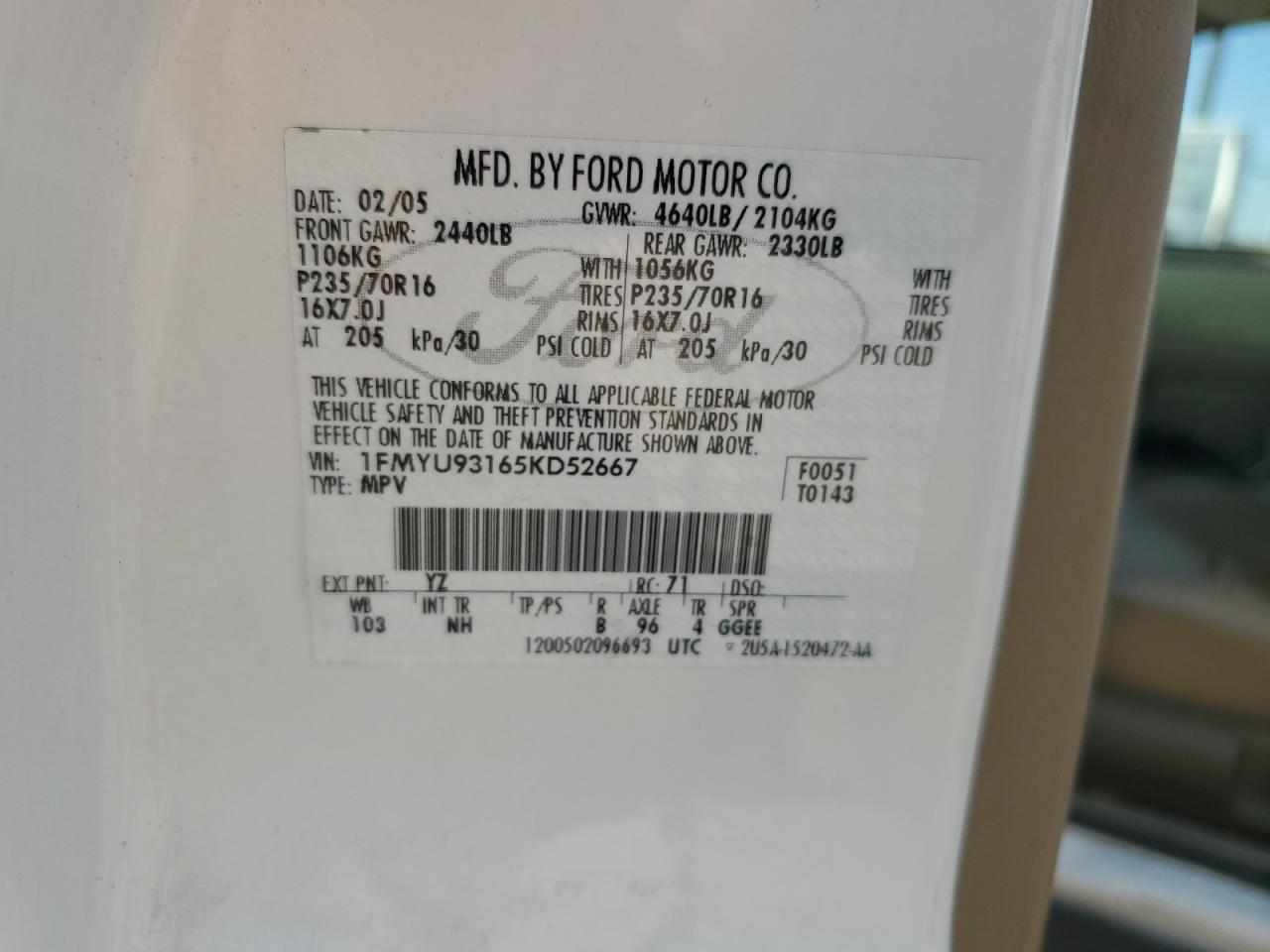 2005 Ford Escape Xlt VIN: 1FMYU93165KD52667 Lot: 64440024