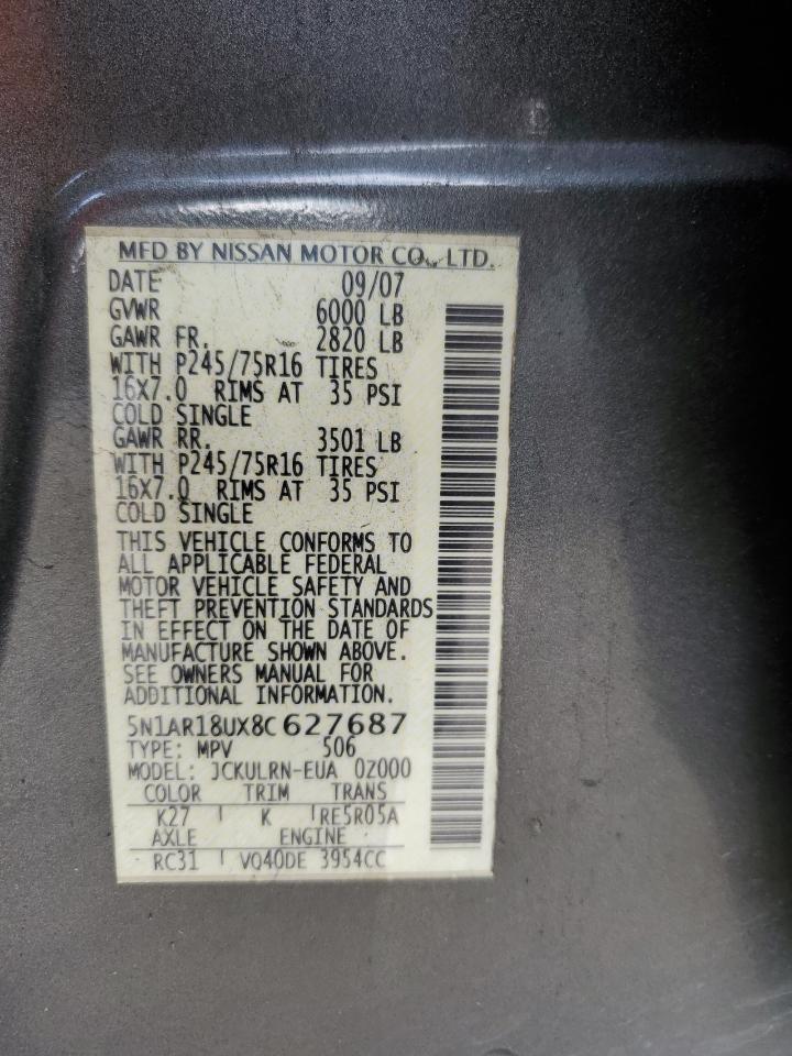 2008 Nissan Pathfinder S VIN: 5N1AR18UX8C627687 Lot: 63423584