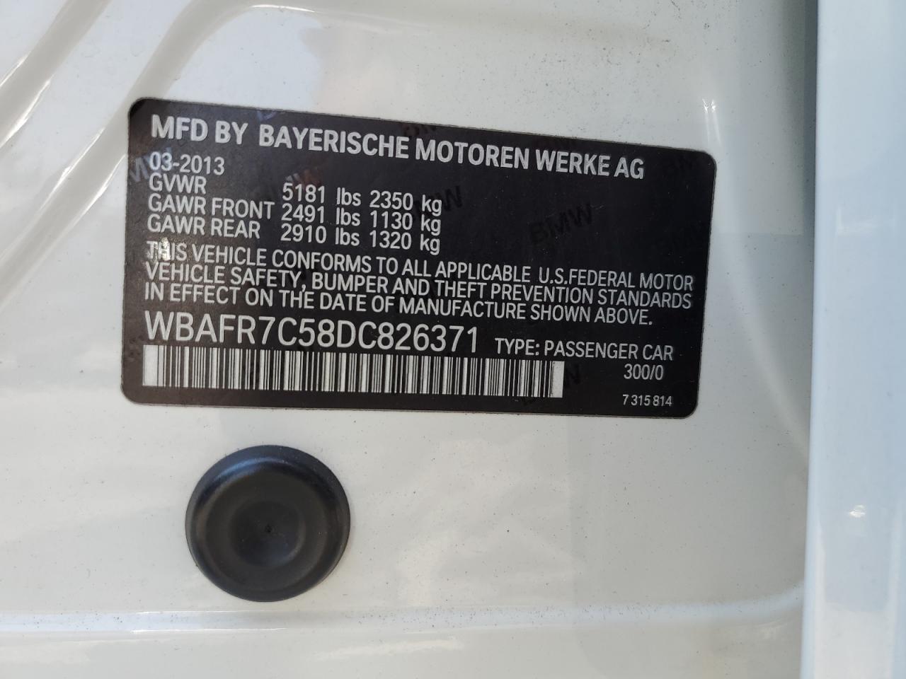 2013 BMW 535 I VIN: WBAFR7C58DC826371 Lot: 62647624