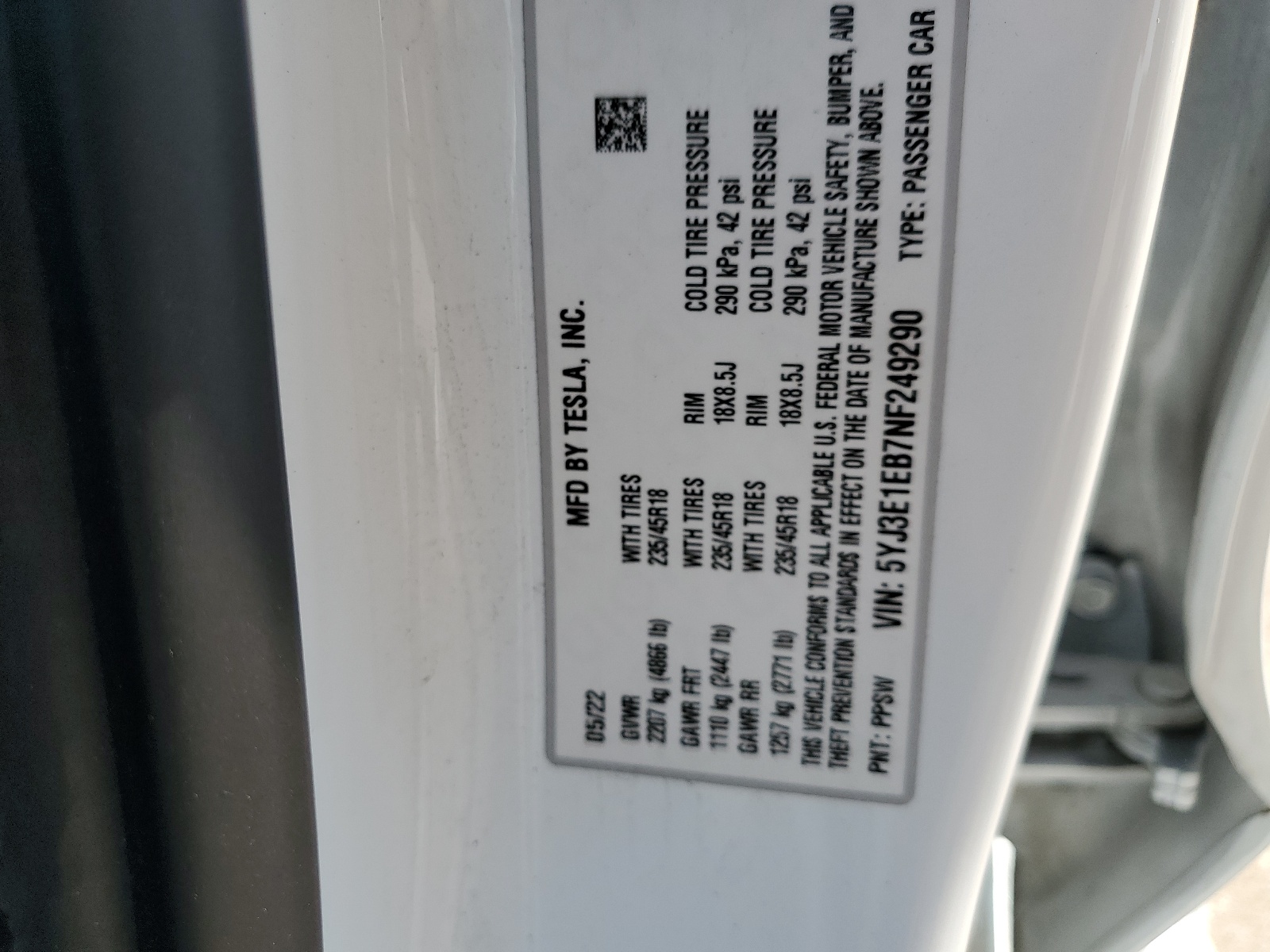 5YJ3E1EB7NF249290 2022 Tesla Model 3