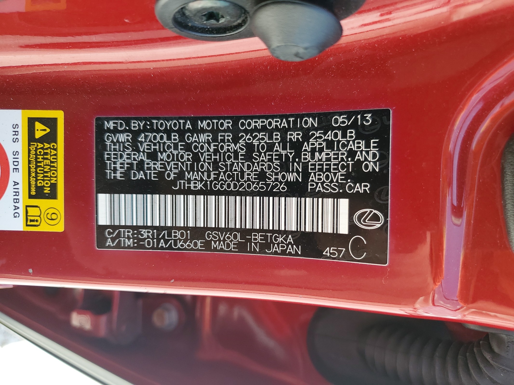 JTHBK1GG0D2065726 2013 Lexus Es 350