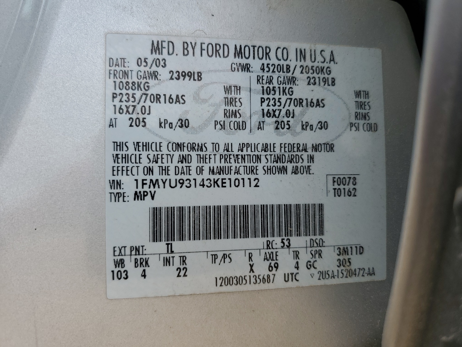 1FMYU93143KE10112 2003 Ford Escape Xlt