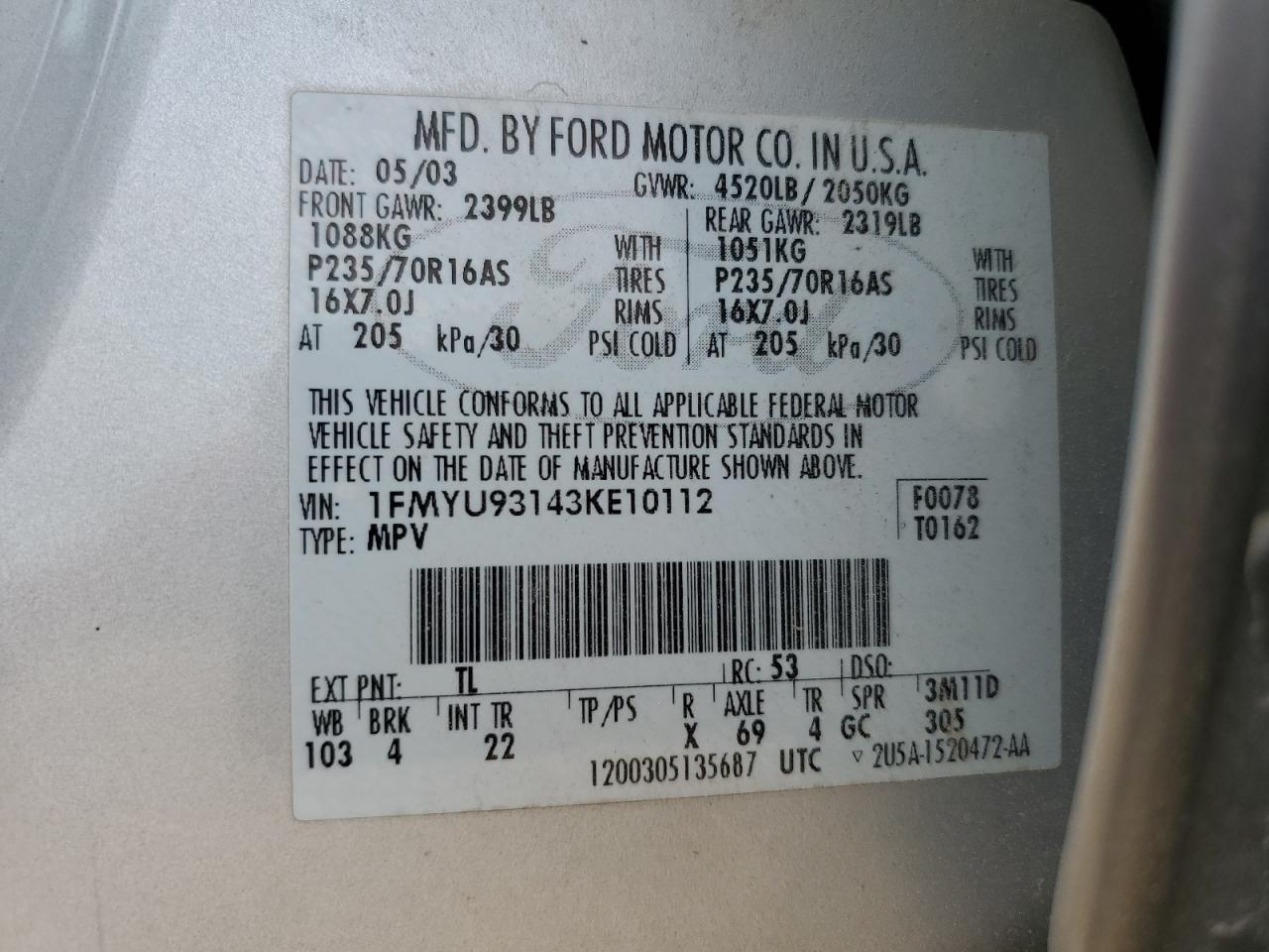 2003 Ford Escape Xlt VIN: 1FMYU93143KE10112 Lot: 63908954